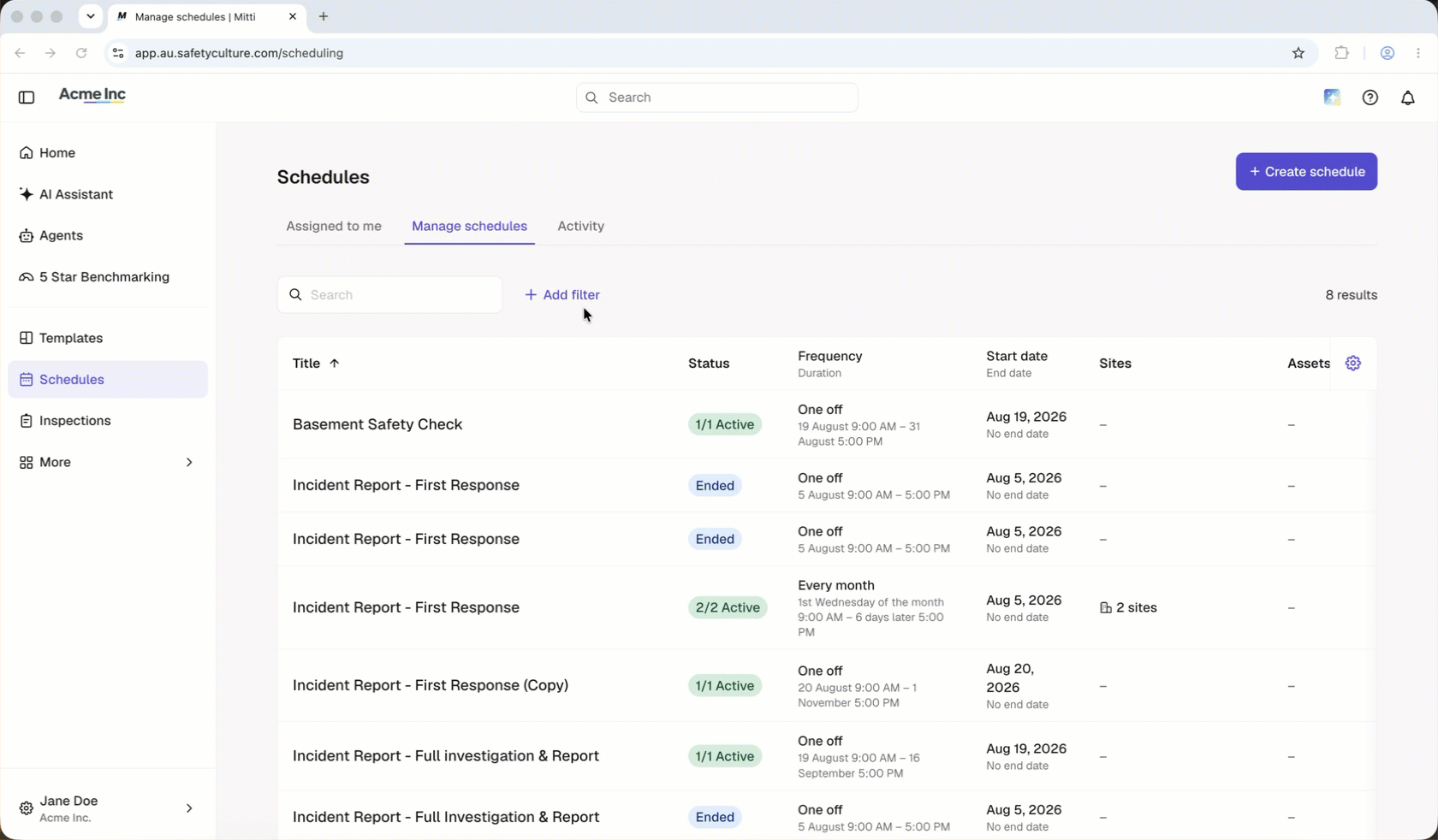 Cliquez sur Ajouter un filtre et sélectionnez les sites attribués pour n'afficher que leurs sous-plannings, puis vérifiez que chacun d'entre eux a un statut actif.