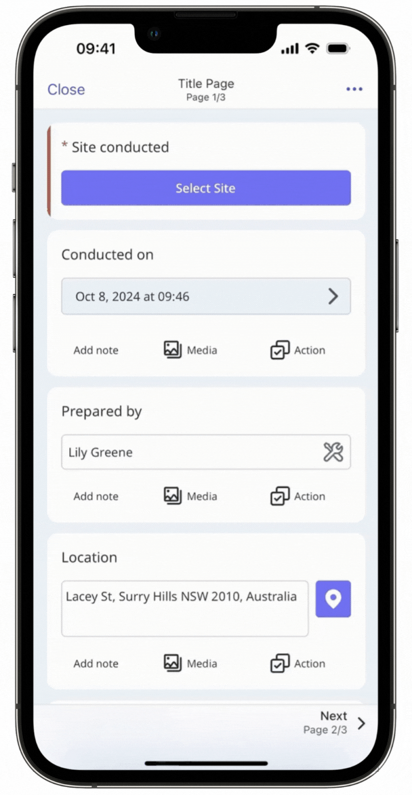 Select a site in an inspection via the mobile app.