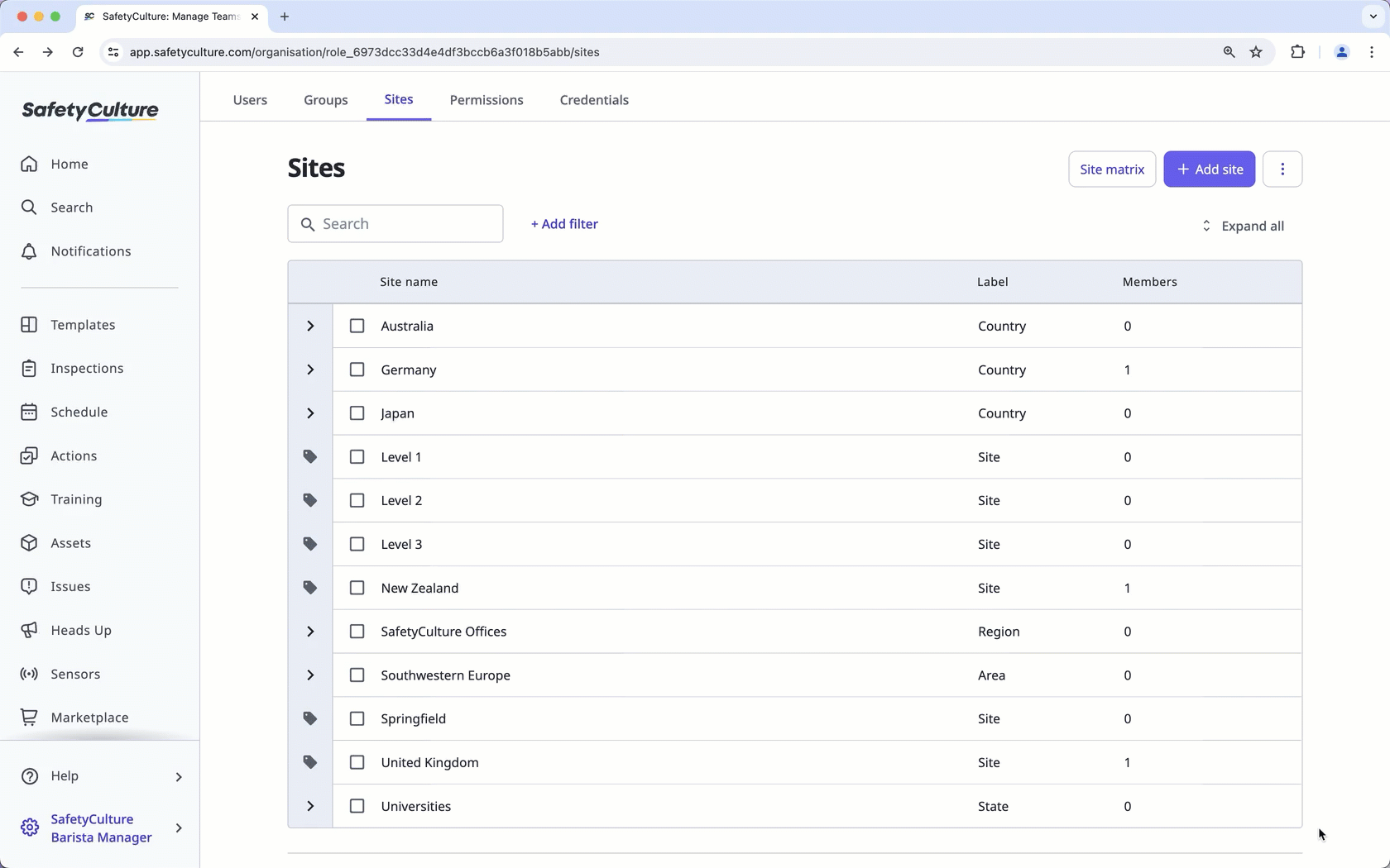 Group sites via the web app.