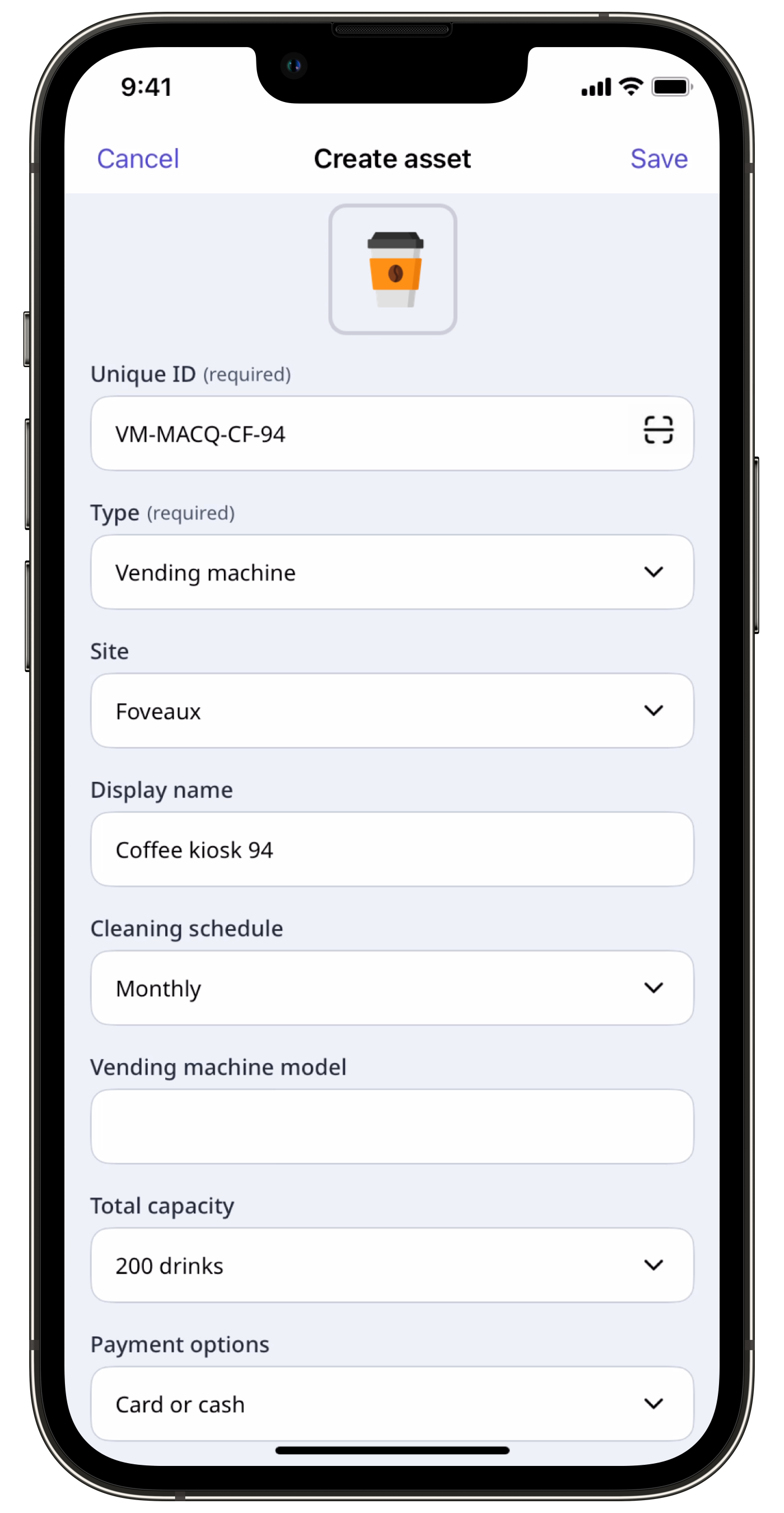 Add an asset via the mobile app.