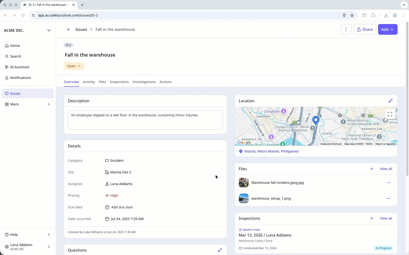 Pour créer une action, sélectionnez l'onglet actions dans le profil de l'observation, puis cliquez sur le bouton « créer une action » en haut à droite de la page.