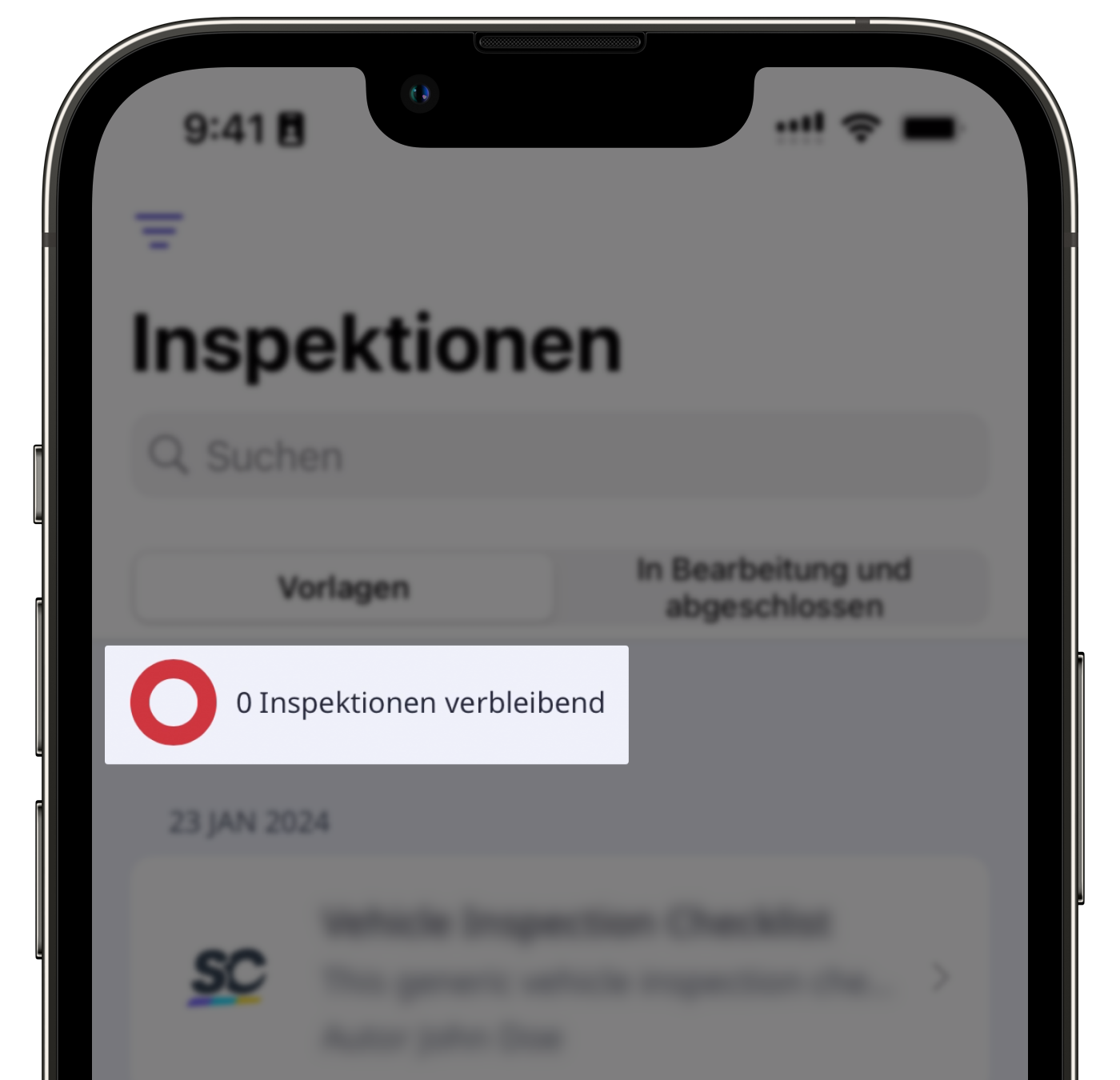 Der Zähler für die Anzahl der verbleibenden Inspektionen für einen Nutzer mit Gast-Lizenz- oder Lite-Lizenz in der Mobile-App.