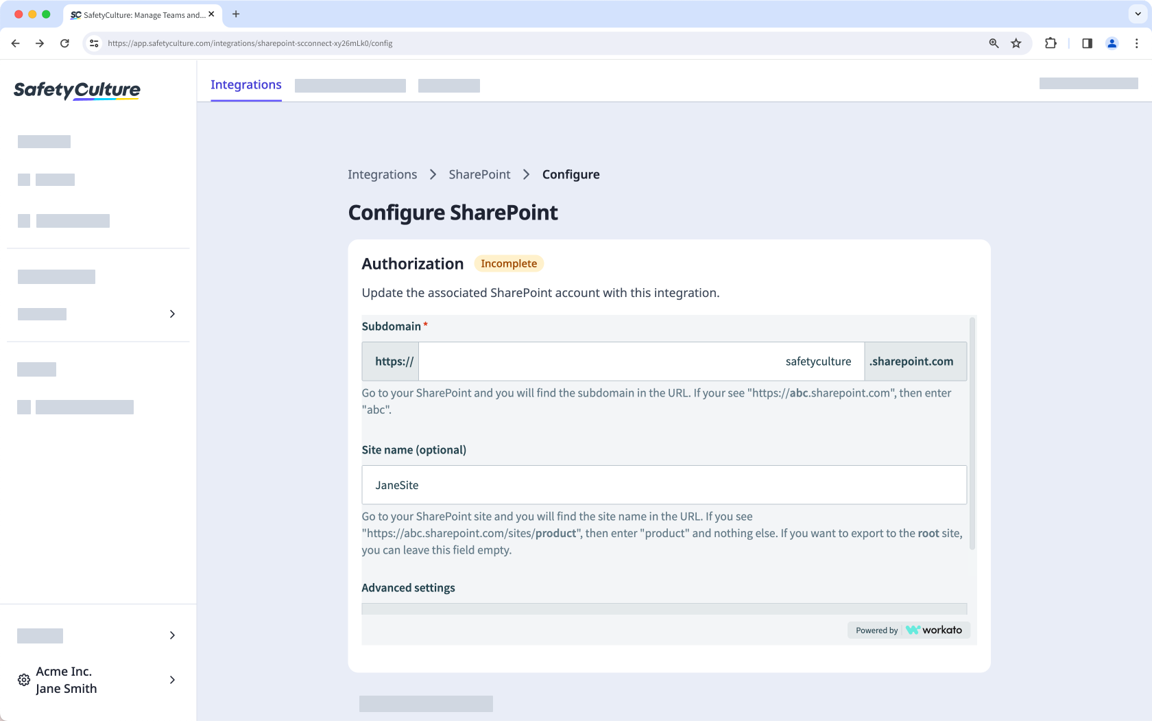 Configure la integración de SharePoint para exportar informes de inspección a través de la aplicación web.