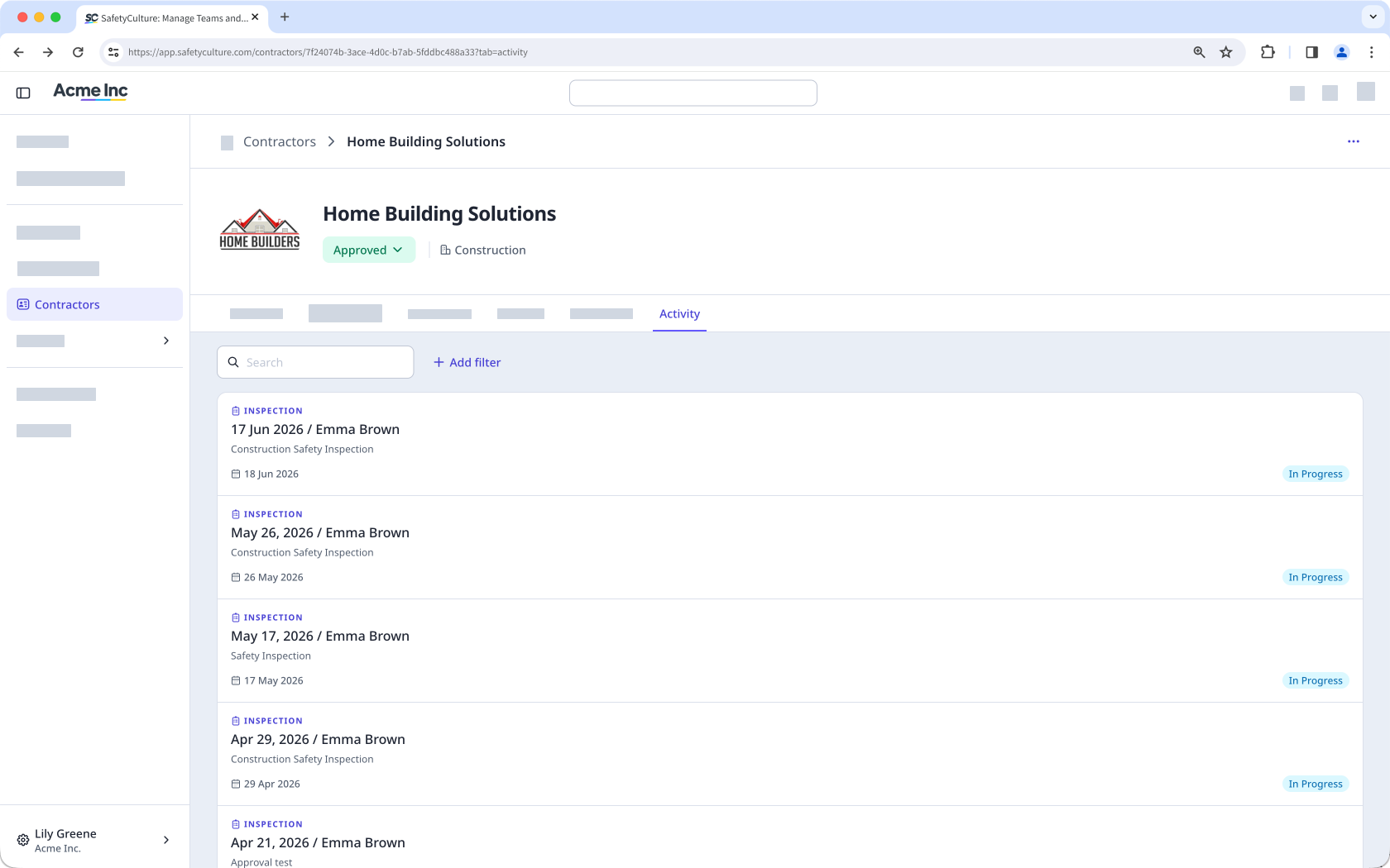 The Activity tab in the company profile showing a list of inspections completed by workers in the company.