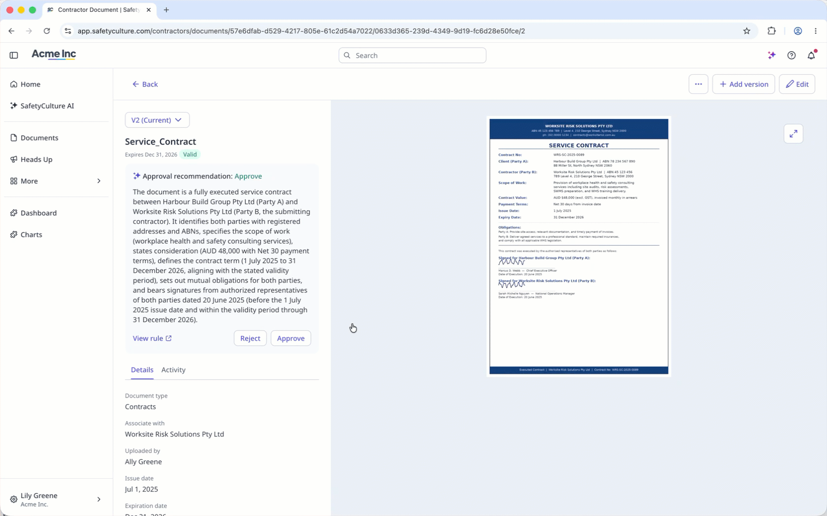 Select a document and approve it based on the AI approval recommendation.
