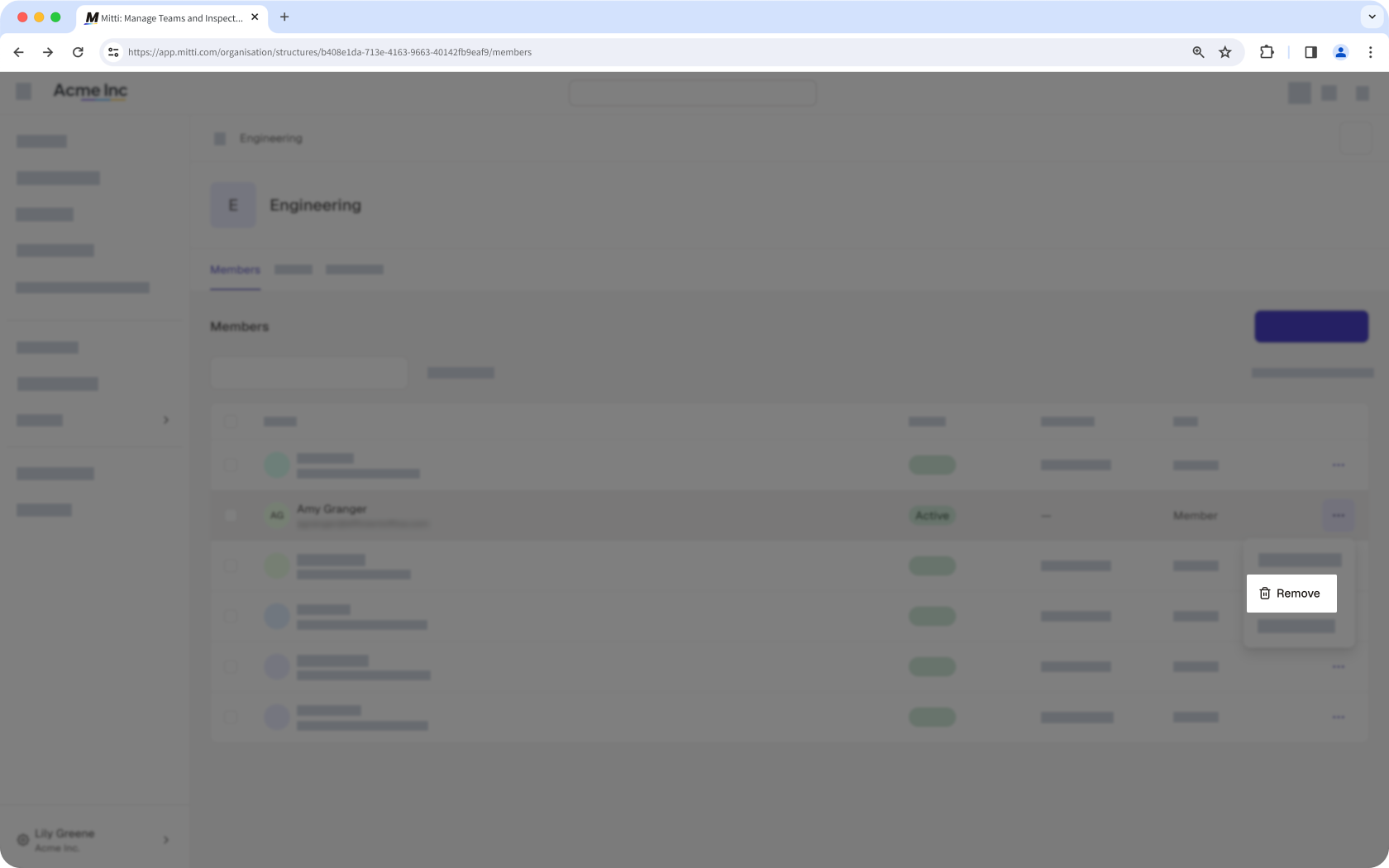 The Engineering group page with the option to remove a user from the group visible.