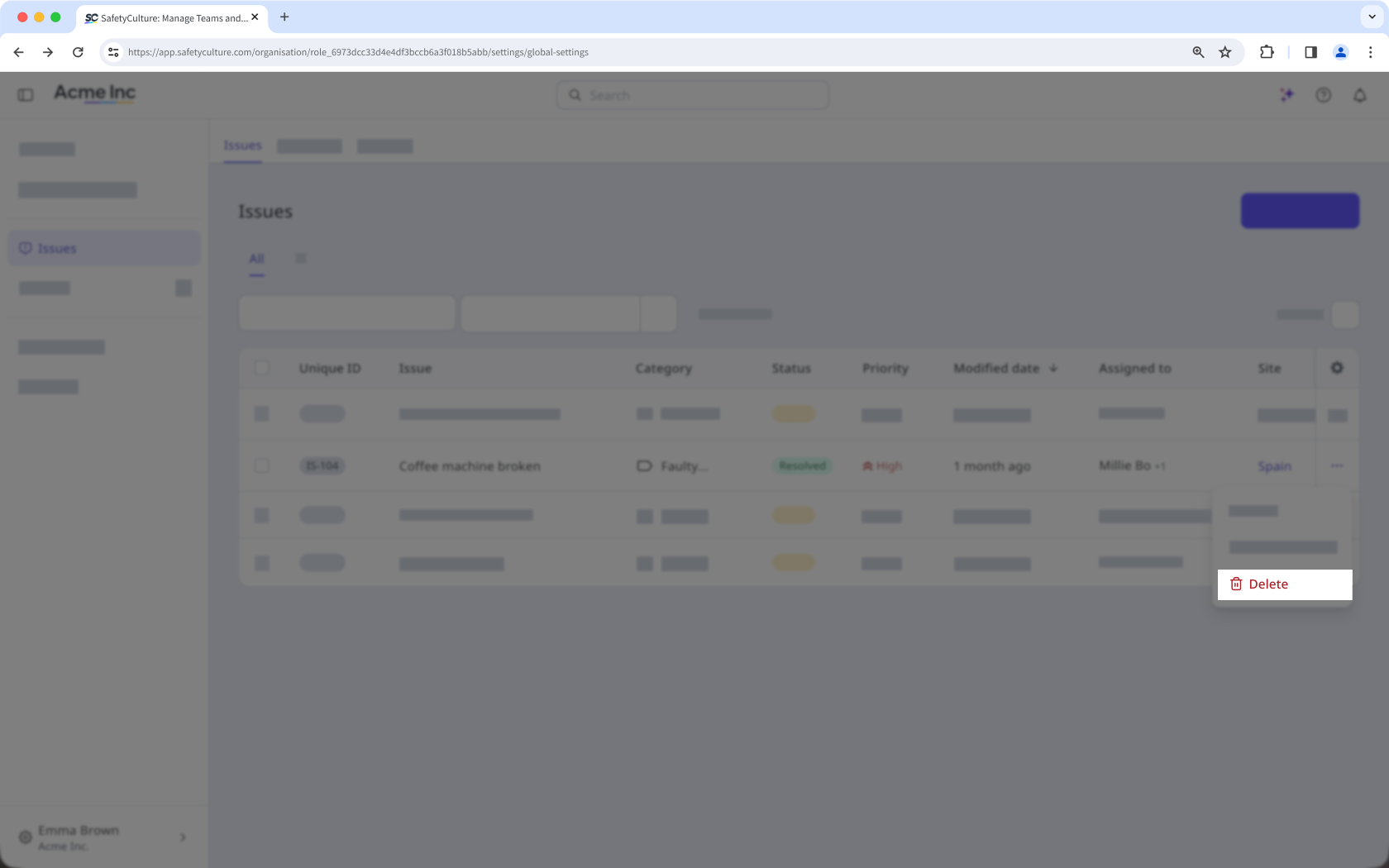 La page Observations affichant l'option de suppression d'une observation.