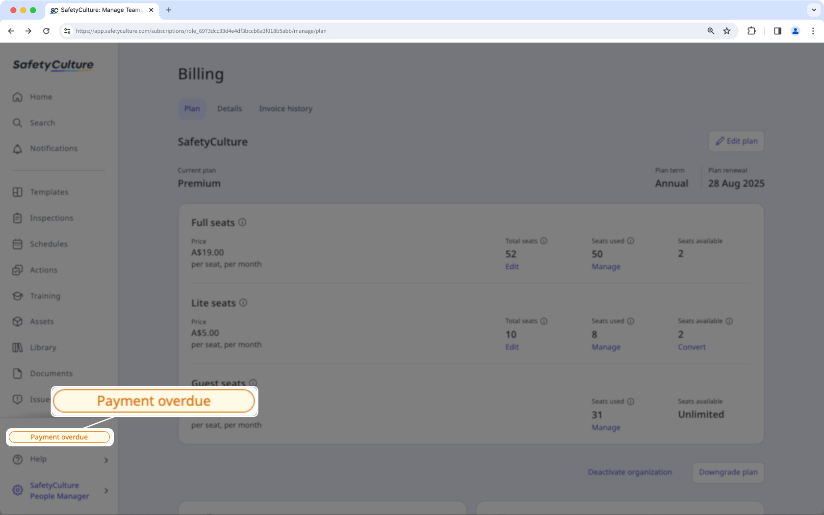 Un ejemplo del mensaje de "Pago vencido" en la aplicación web.