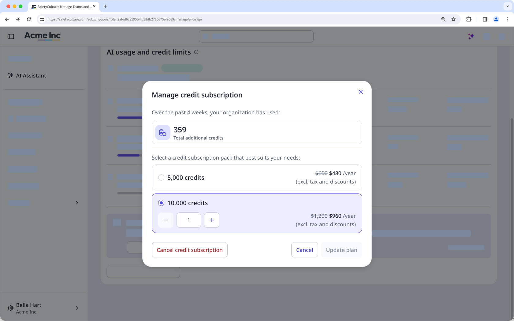 Manage credit subscription dialog showing current usage and pack options, with a Cancel credit subscription button to end the active subscription.