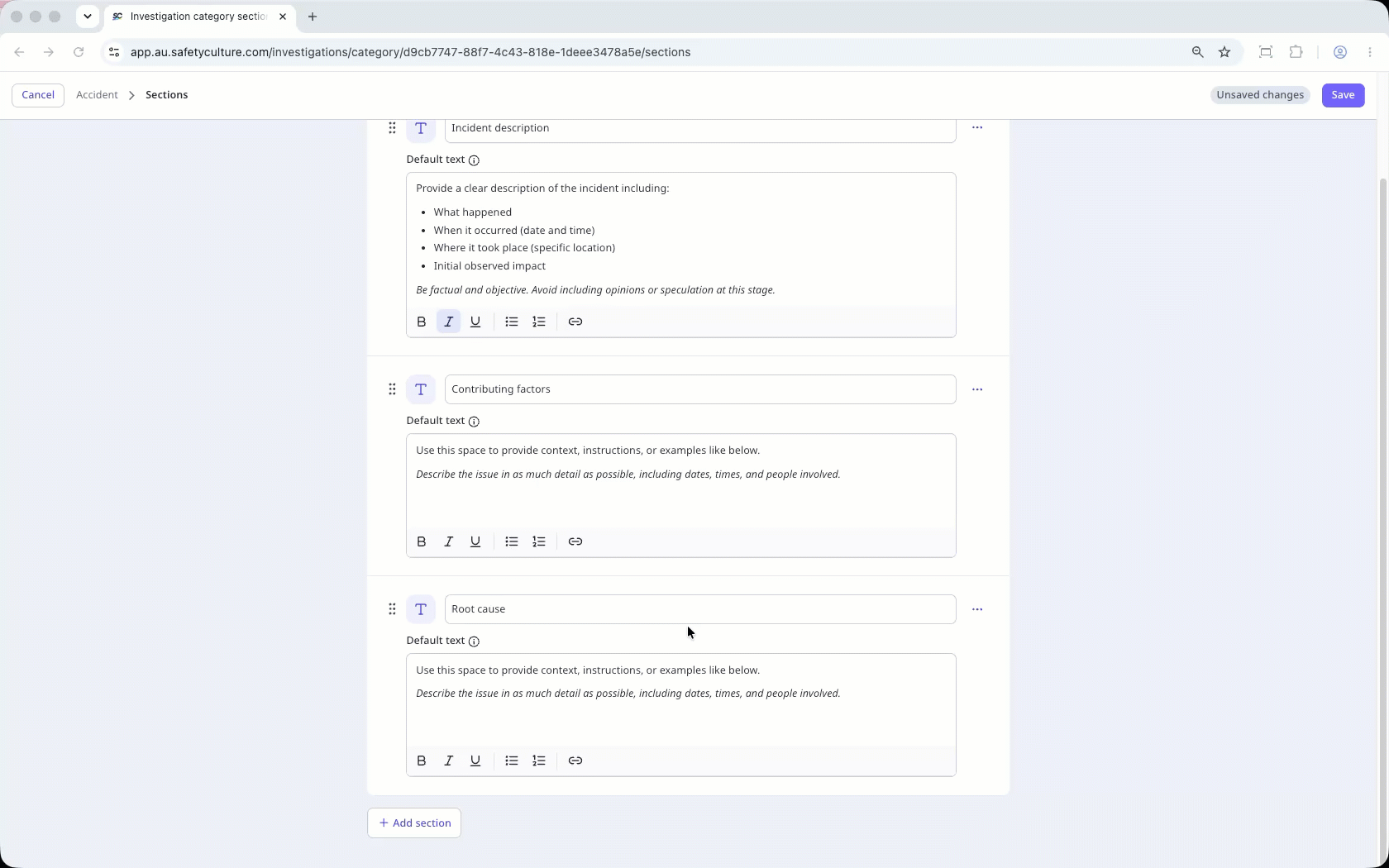 Geben Sie im Abschnittseditor einen Titel und einen Standardtext ein, um der Kategorie „Untersuchung“ einen neuen Abschnitt hinzuzufügen.