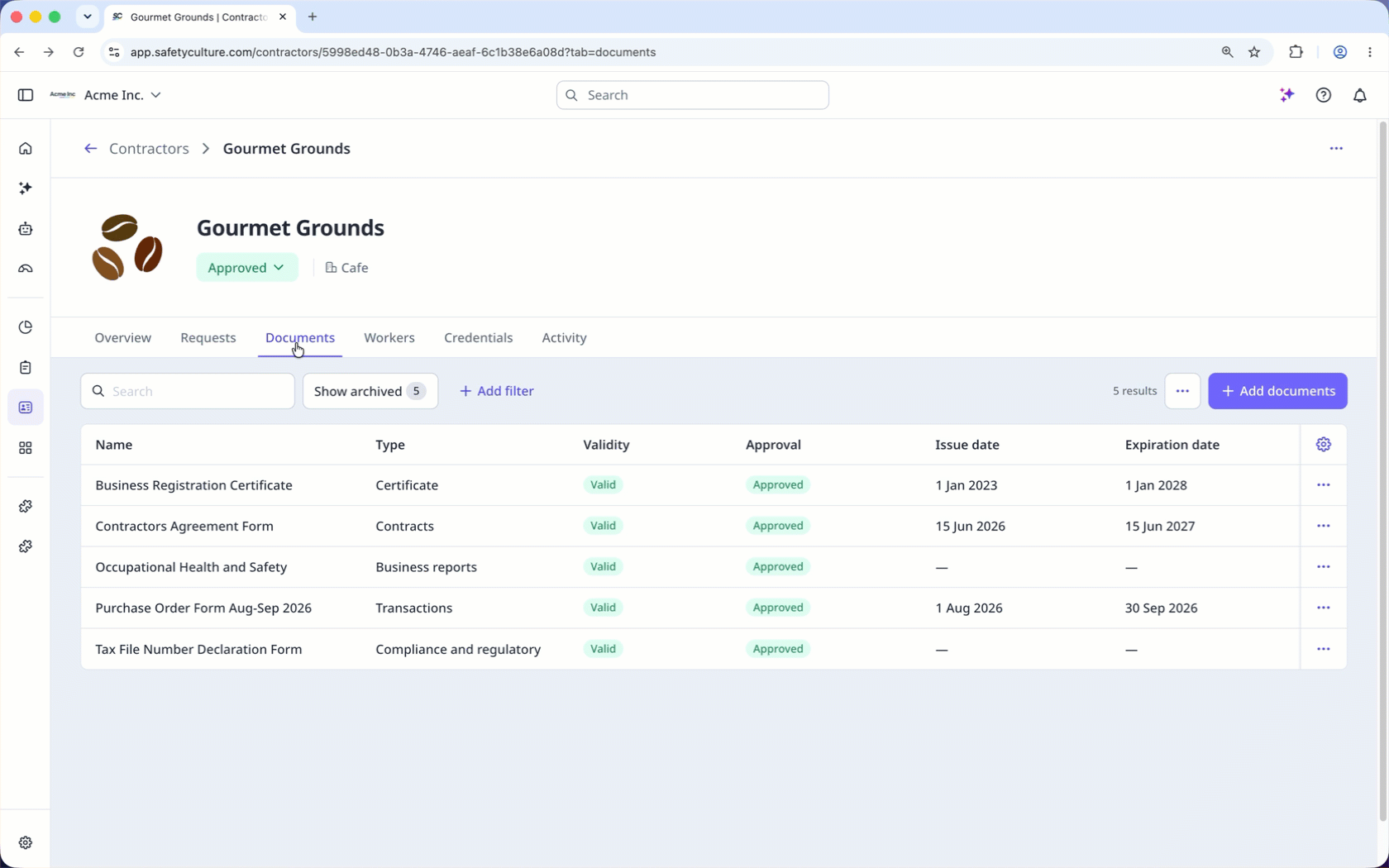 User selects a document and then clicks edit, update document details, and saves the document.