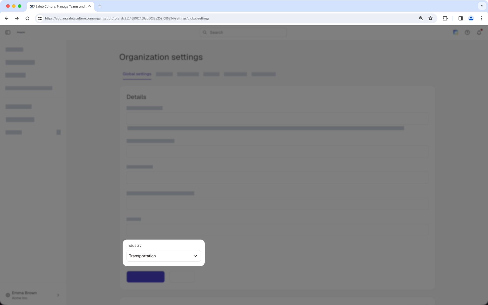 The Global Settings tab in Organization Settings showing the option to change industries.