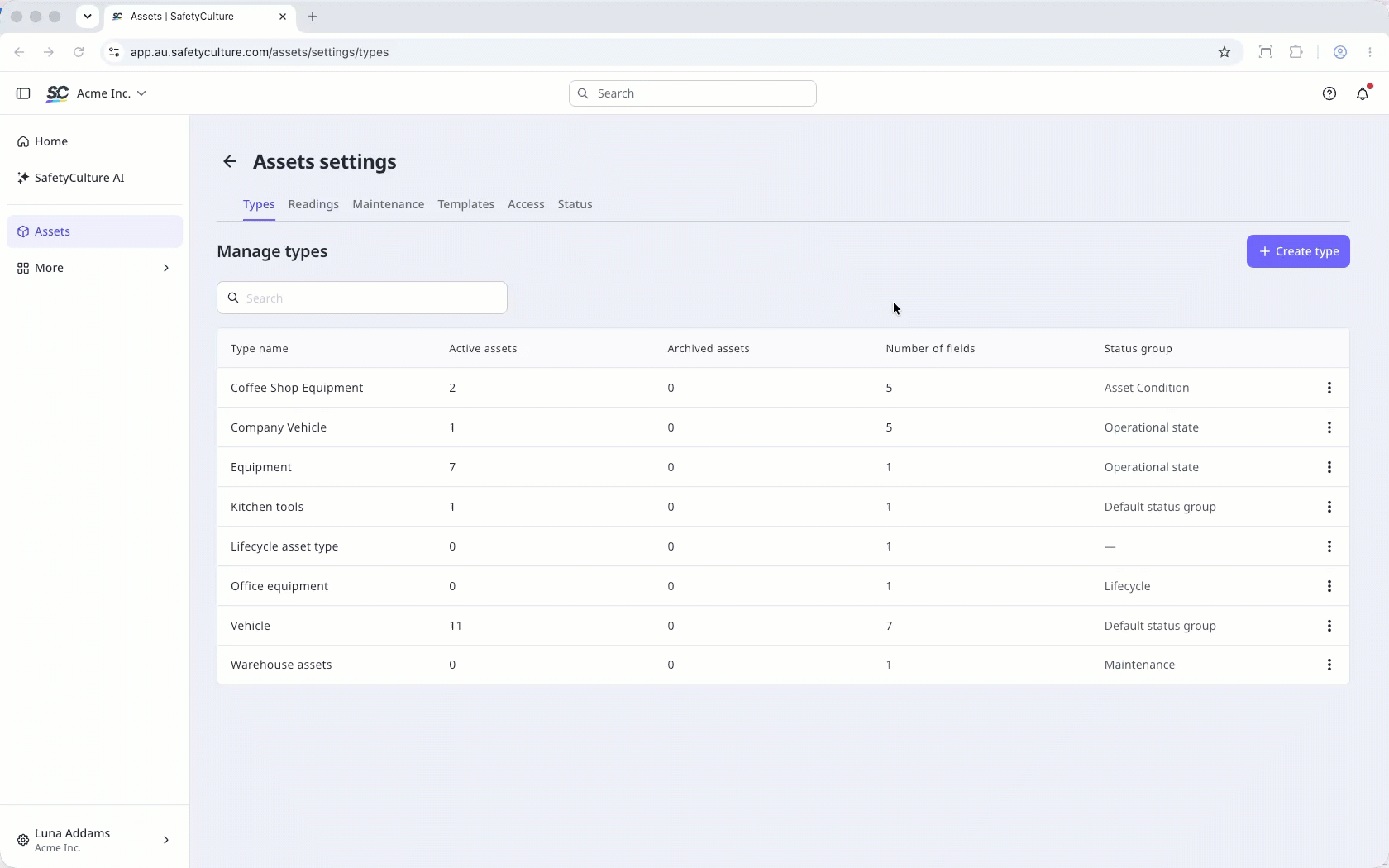 Create a new asset type with custom fields to add the type to the Manage types list.