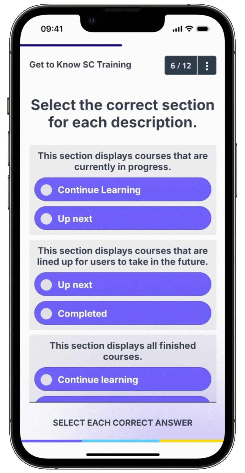 An example of a lesson quiz on the mobile app.