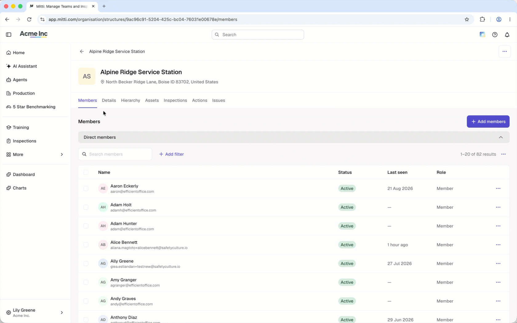 Cliquez sur les onglets « Détails », « Hiérarchie », « Actifs », « Inspections », « Actions » et « Observations » dans le profil du site.