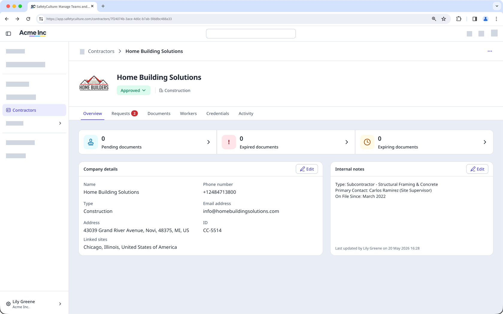 The Overview tab in the company profile showing the company details, document statuses, and internal notes.