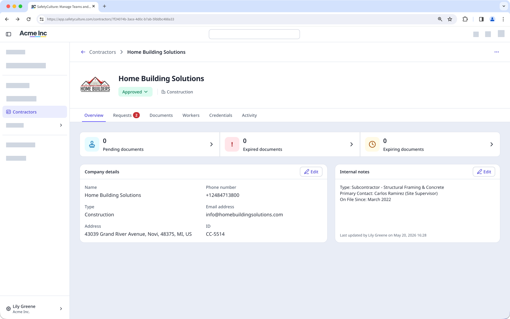 The Overview tab in the company profile showing the company details, document statuses, and internal notes.