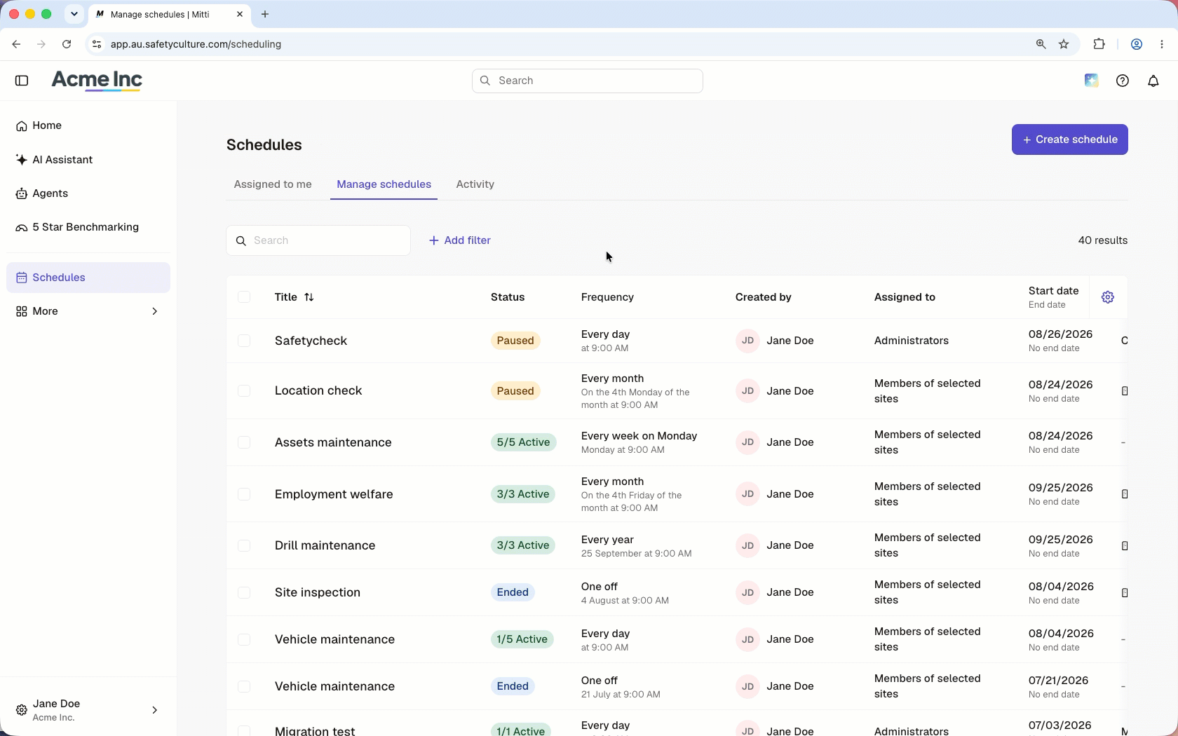 Select multiple schedules to delete them.