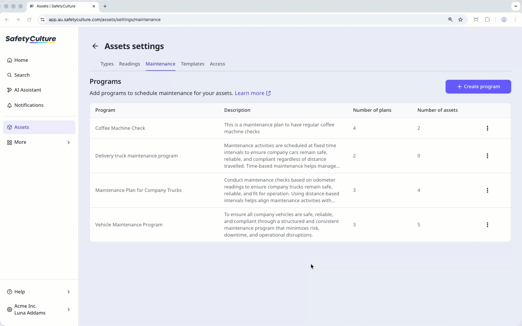 Delete an asset maintenance program from the asset maintenance settings.