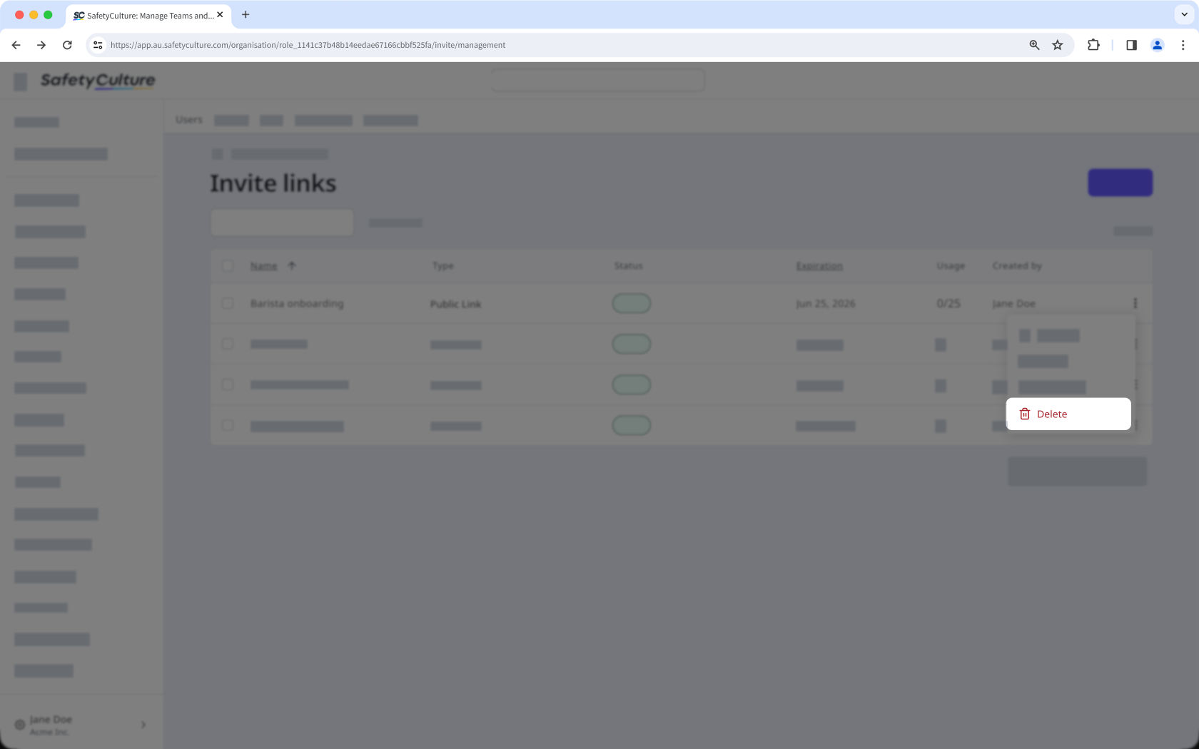 The invite links page showing the option to delete an invite link.