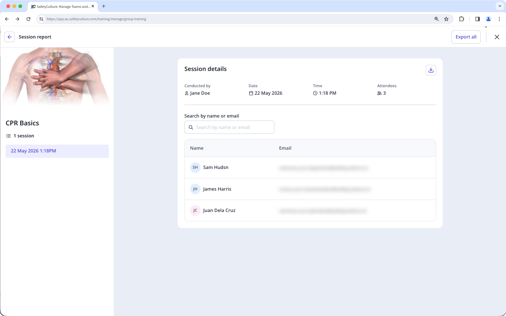 Mithilfe der Web-App den Bericht über eine Gruppenschulung anzeigen.