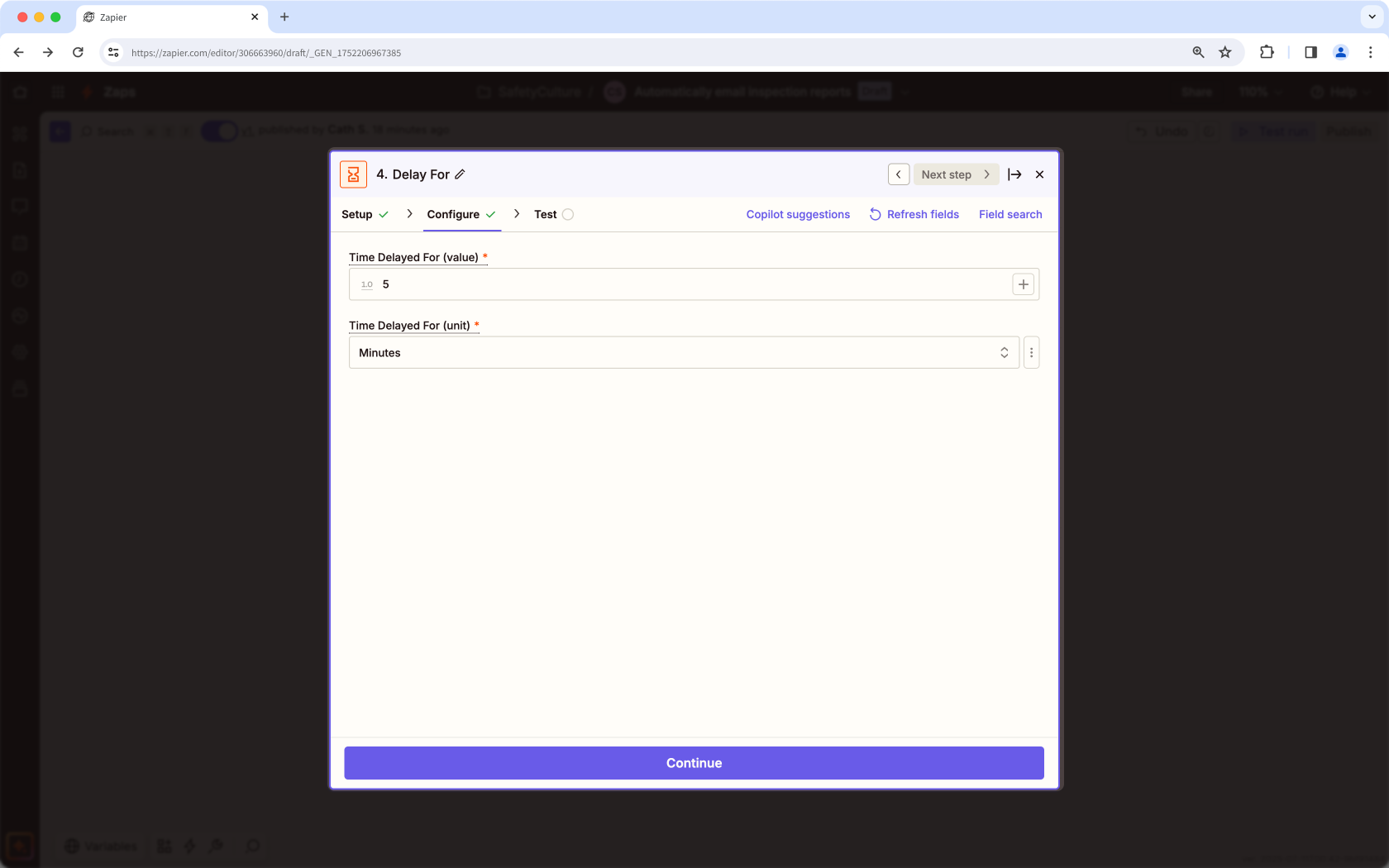 Un ejemplo de cómo configurar la función «Delay For» en Zapier.