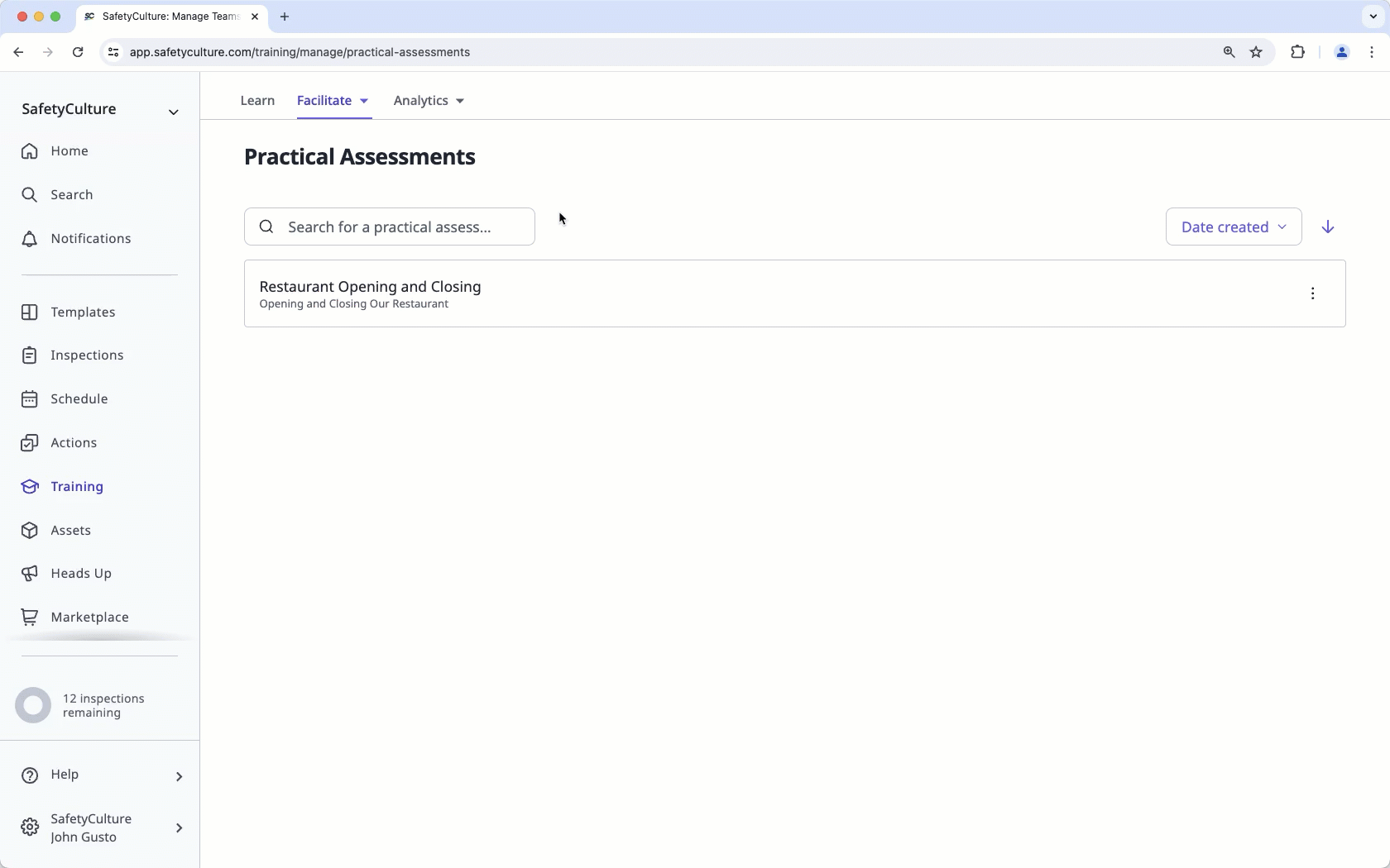 An example of conducting a practical assessment and facilitating a group training session as a team manager in Training.