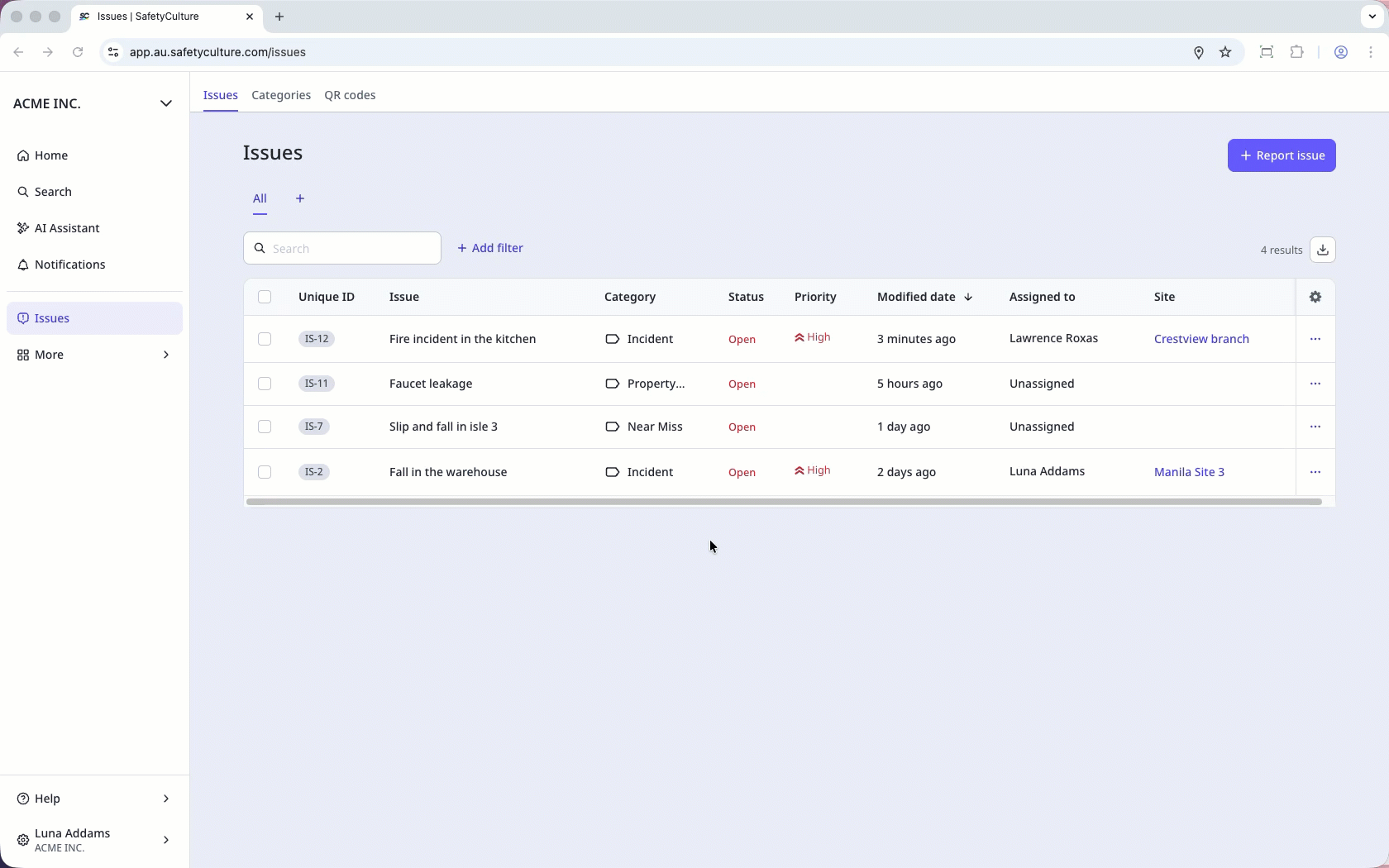 Click the issue and view the issue profile via to check linked templates, files, activity, and action to the issue.