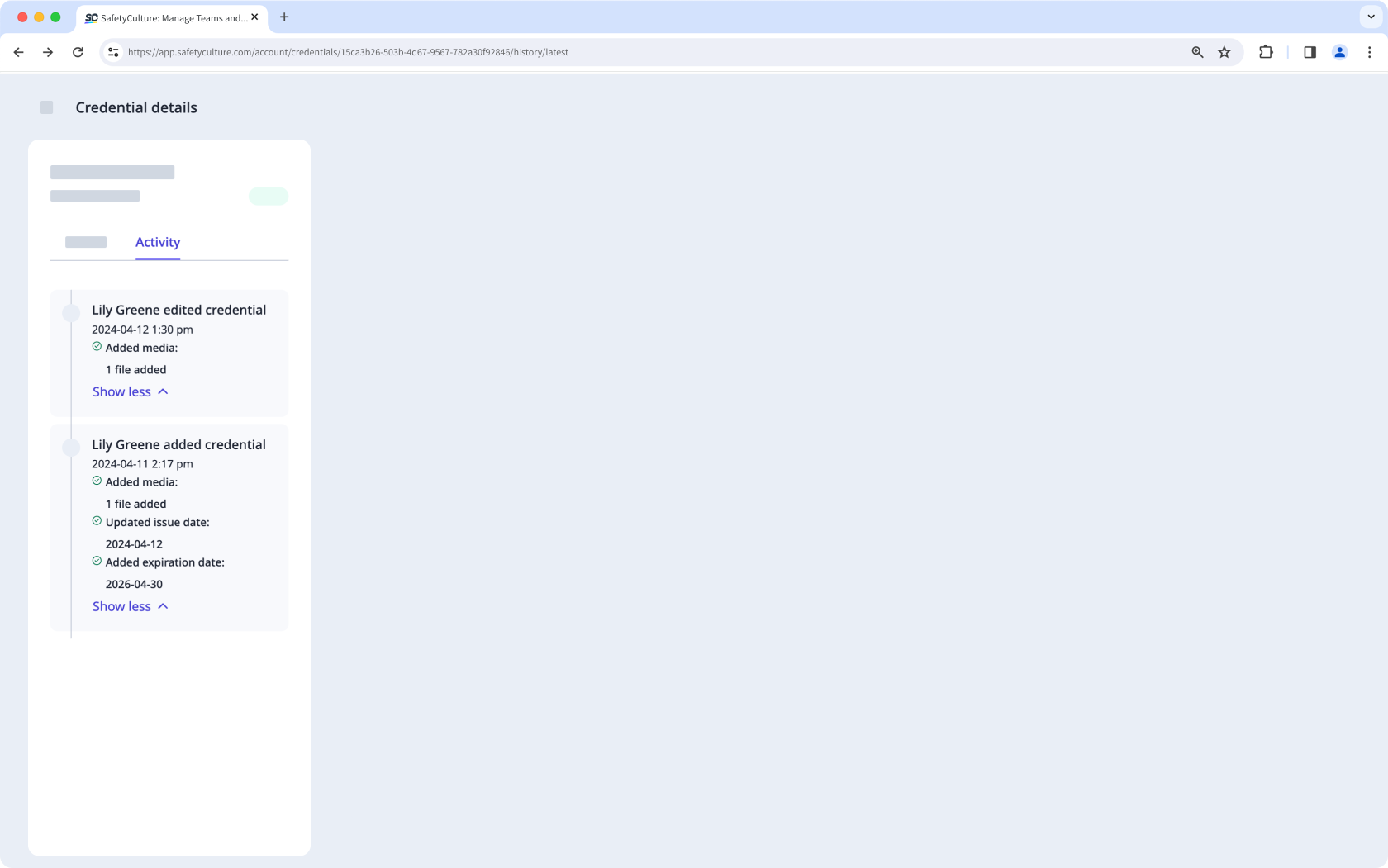 An example of a credential version's activity on the web app.