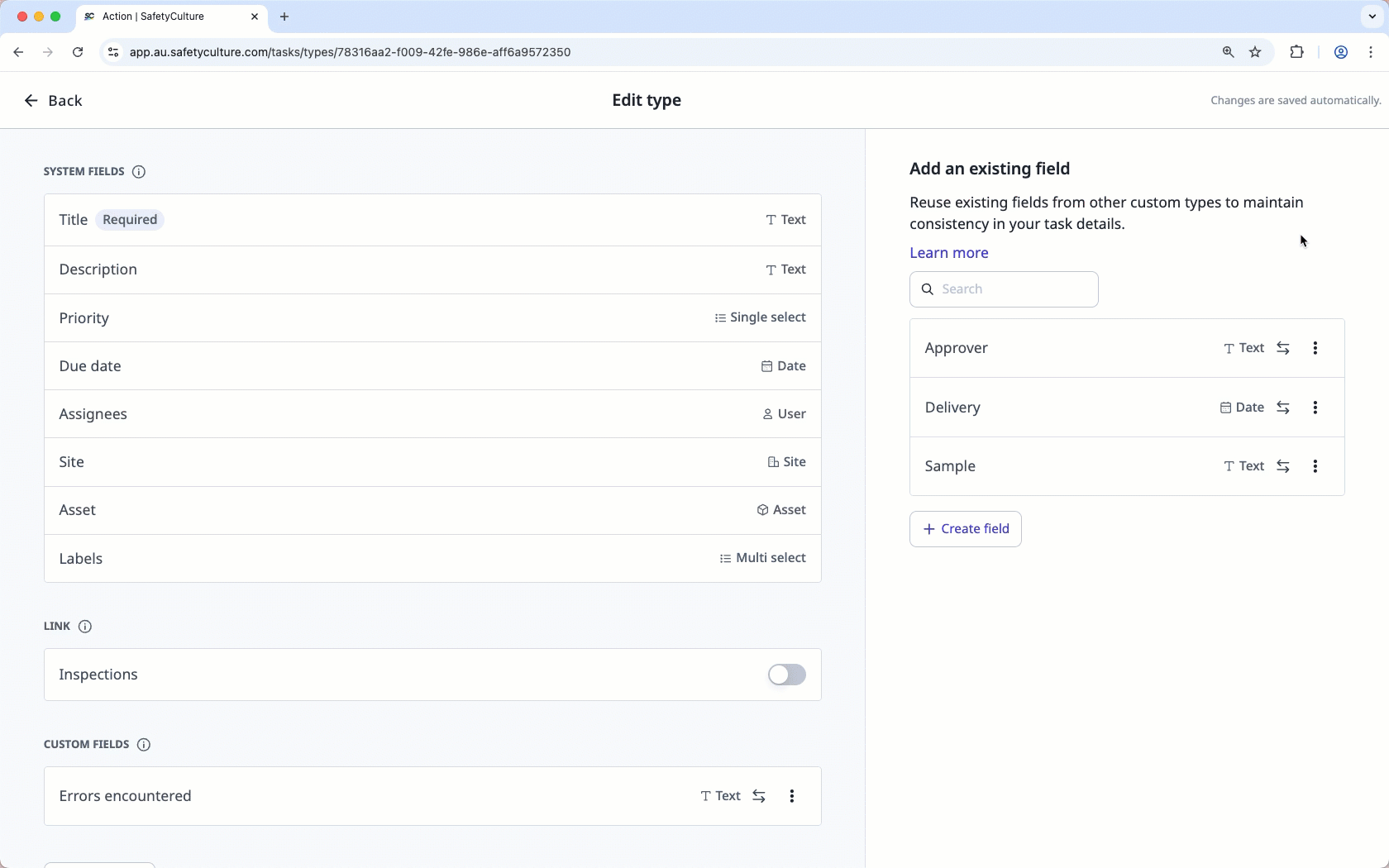 Create, edit, reuse, and delete custom fields for actions via the web app.
