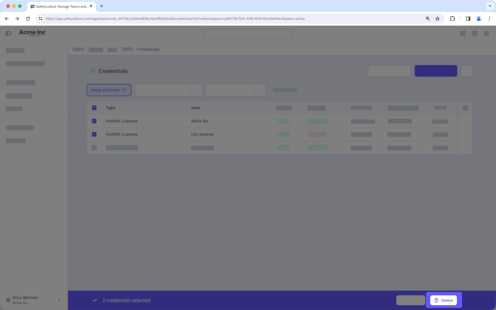 Multiple credentials selected in the archived Credentials page with a "Delete" button visible.
