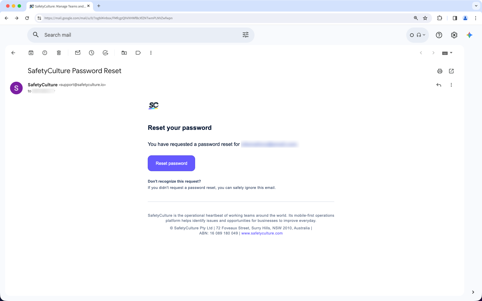 The email received after entering an account email and selecting Continue
