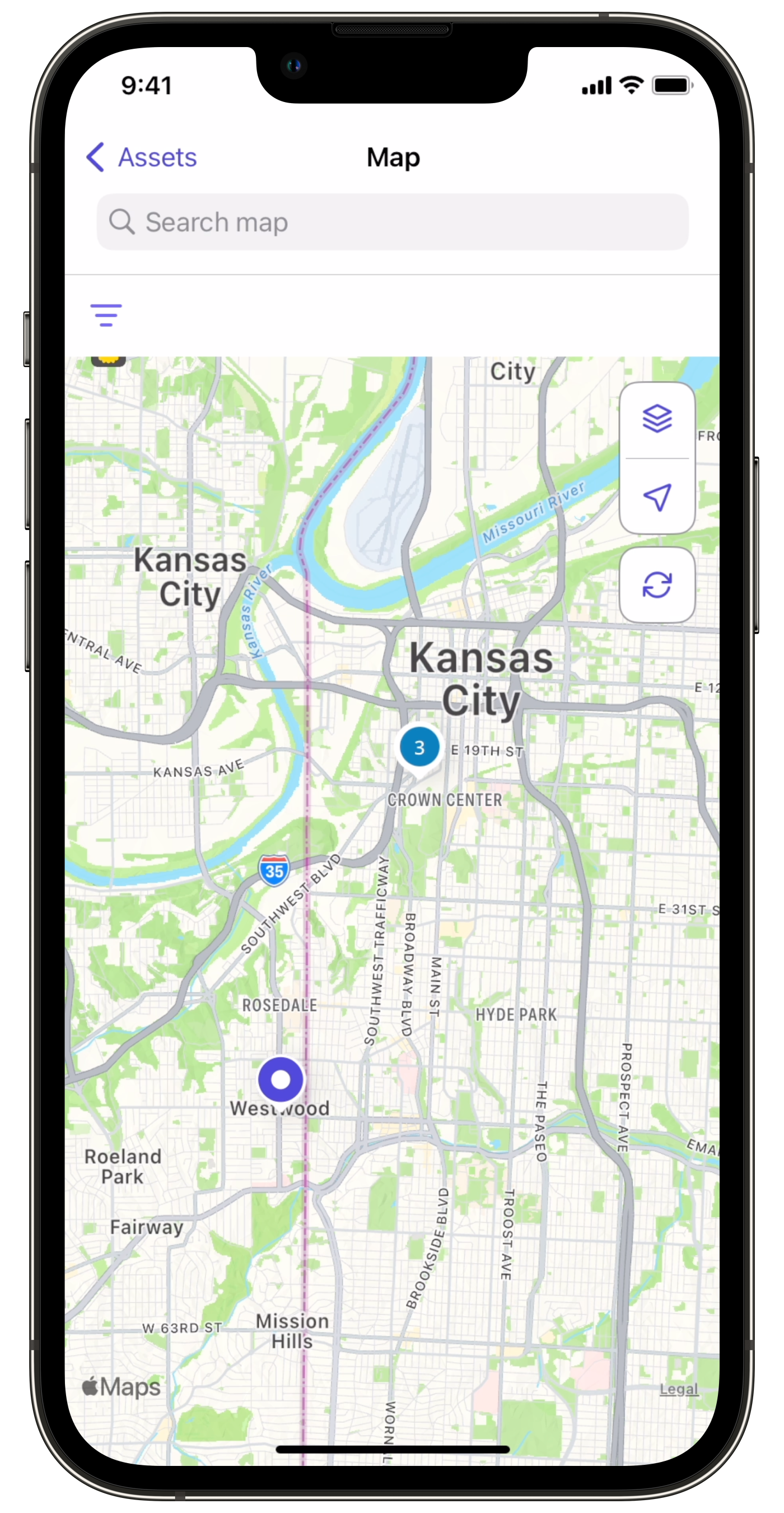 View assets' locations on the map via the mobile app.