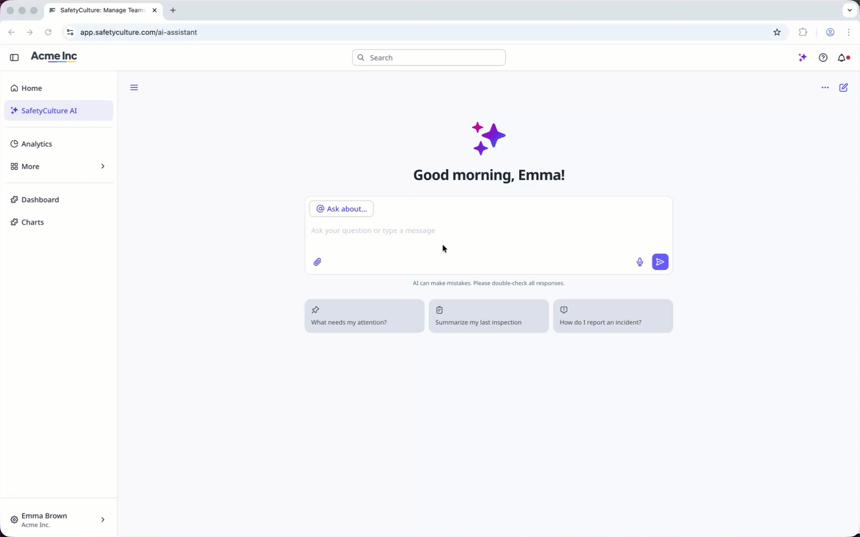 Click SafetyCulture AI and enter your prompt to start a conversation.