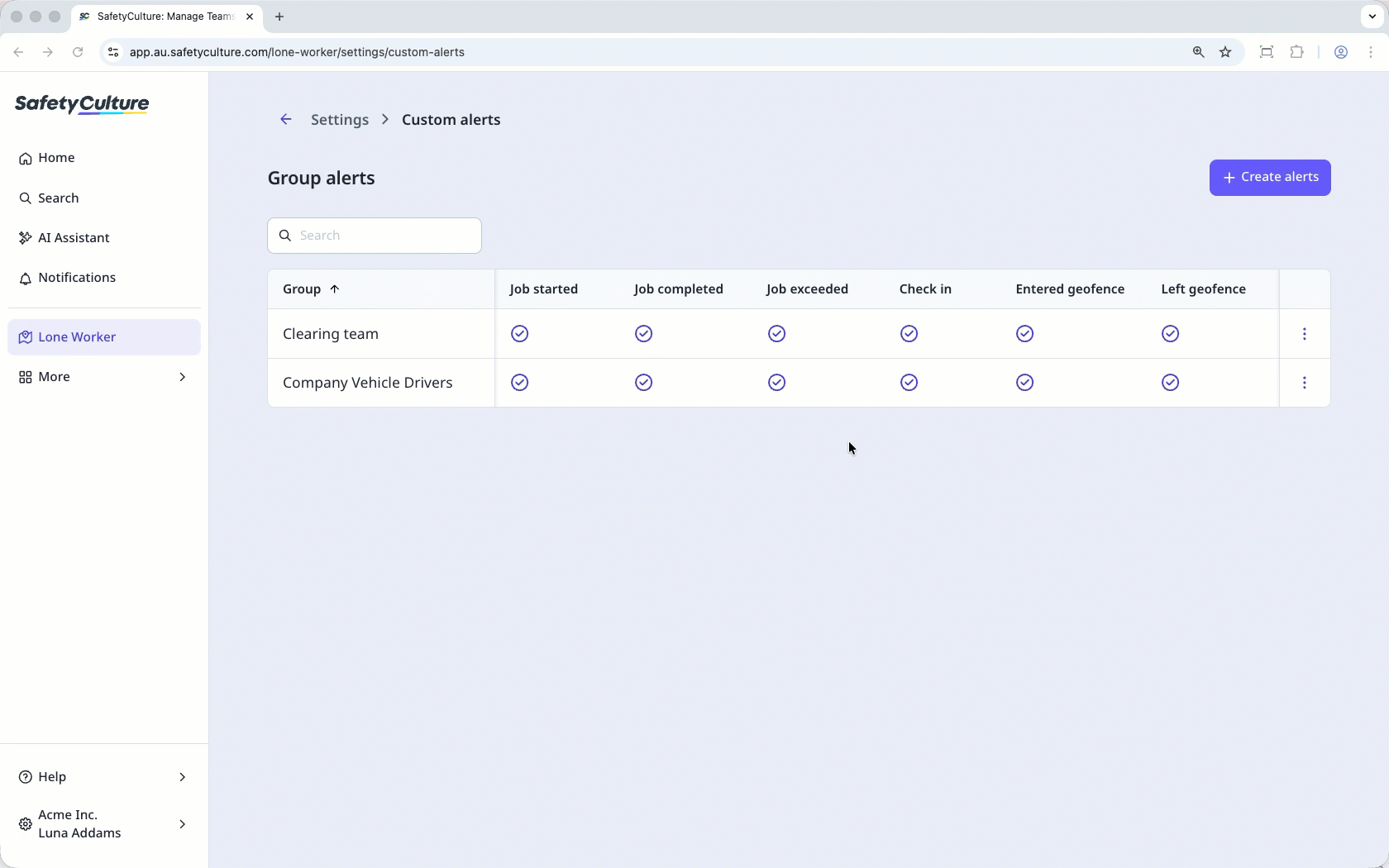 Cliquez sur le bouton « +Créer des alertes », sélectionnez une escalade de groupe et configurez le contact qui recevra l'alerte d'événement de travail.
