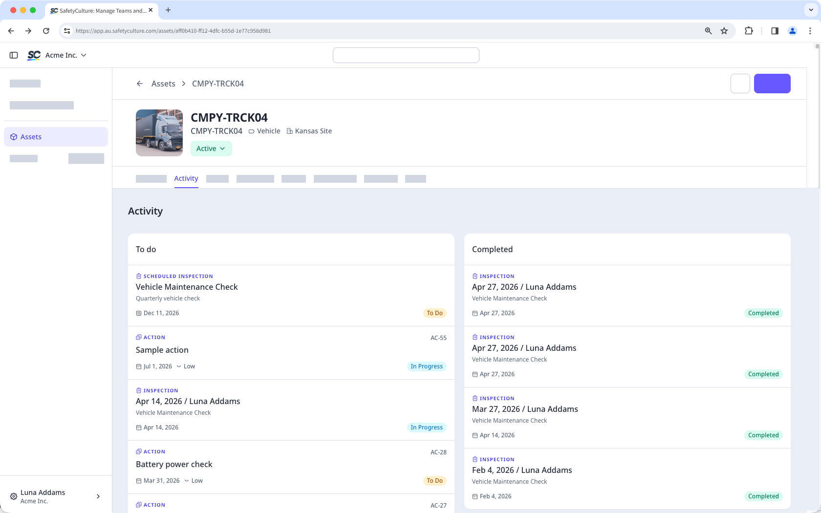 The activity tab on an asset profile page, showing "To do" and "Completed" columns with actions and inspections listed.