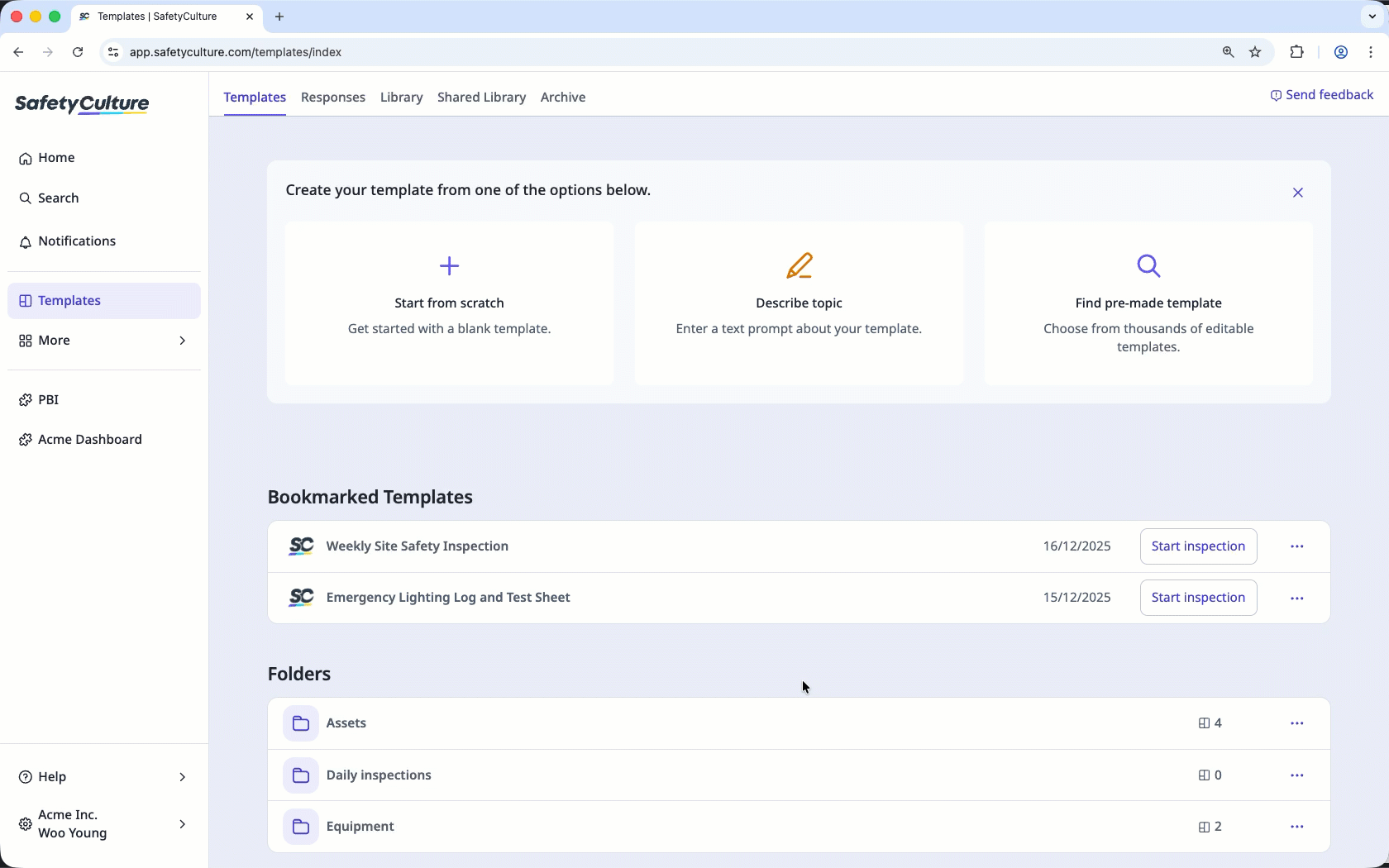 Create a deep link to start a new inspection by retrieving the template ID via the web app.