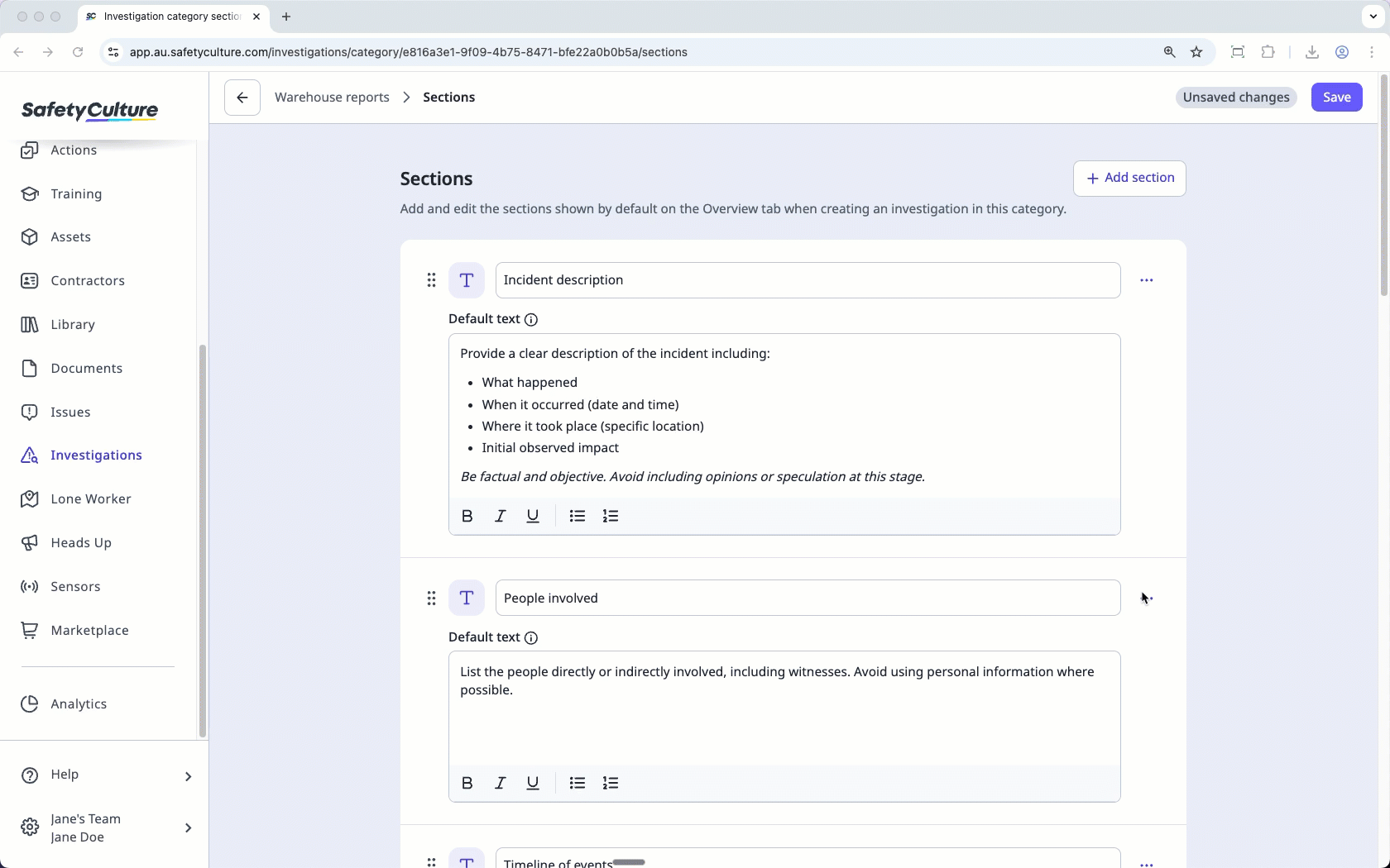Reorder a custom investigation field via the web app.
