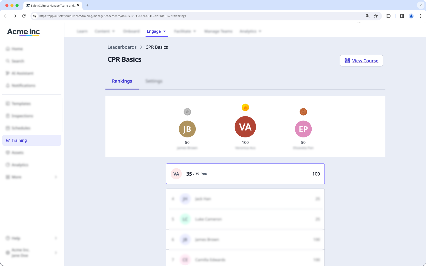 Ver la clasificación de la tabla de clasificación a través de la aplicación web.