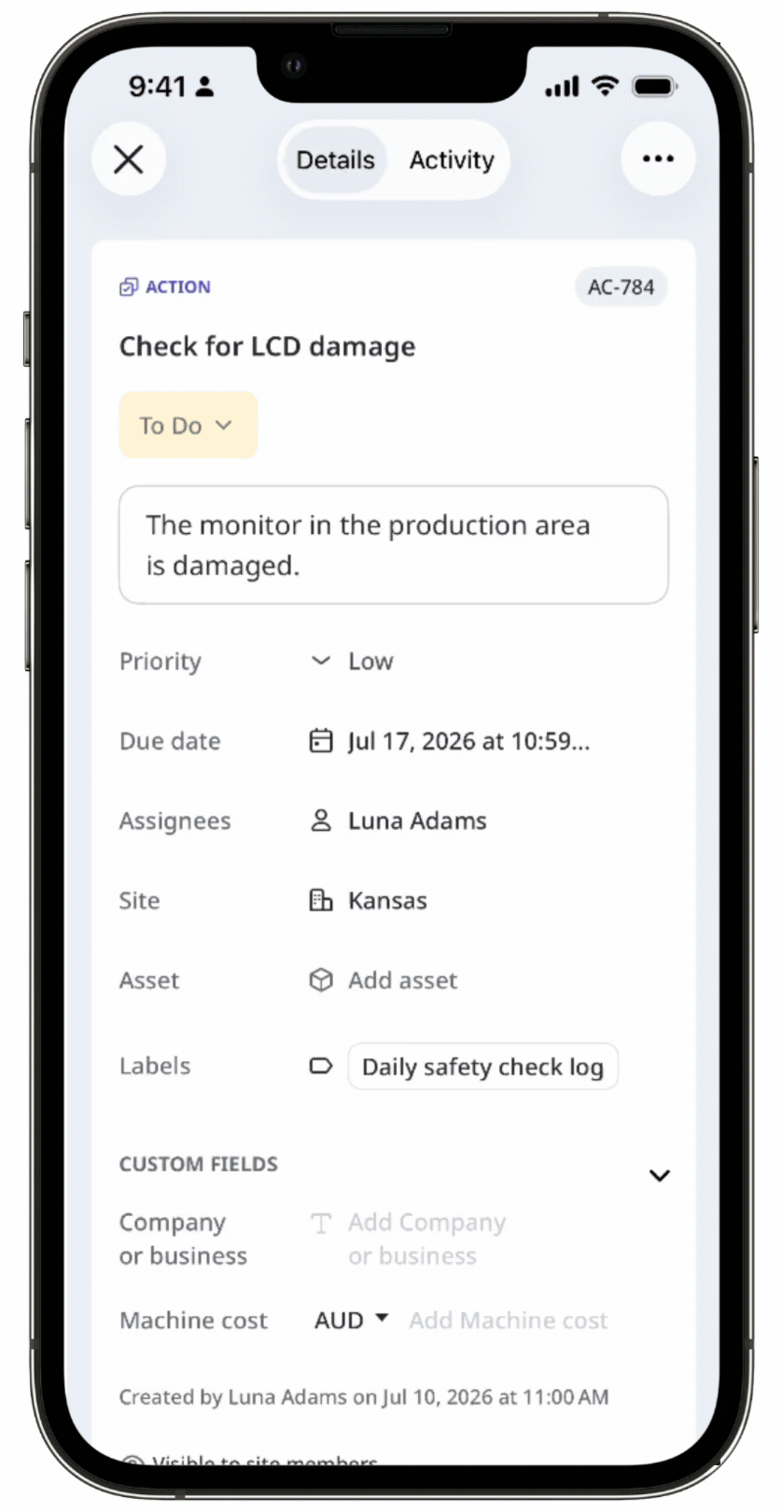 Scan a barcode to link the matching asset to the action.