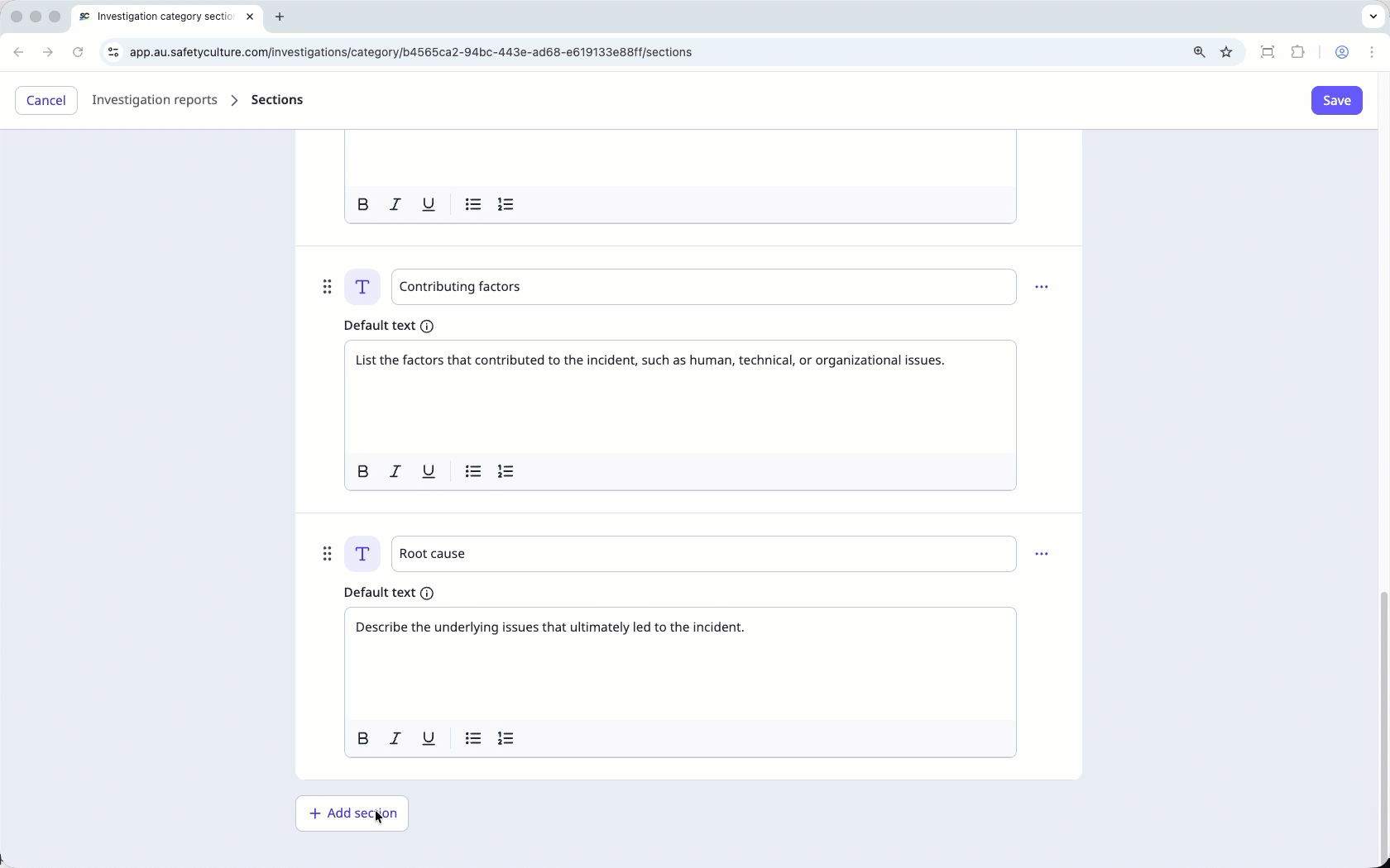 Create a custom investigation section via the web app.