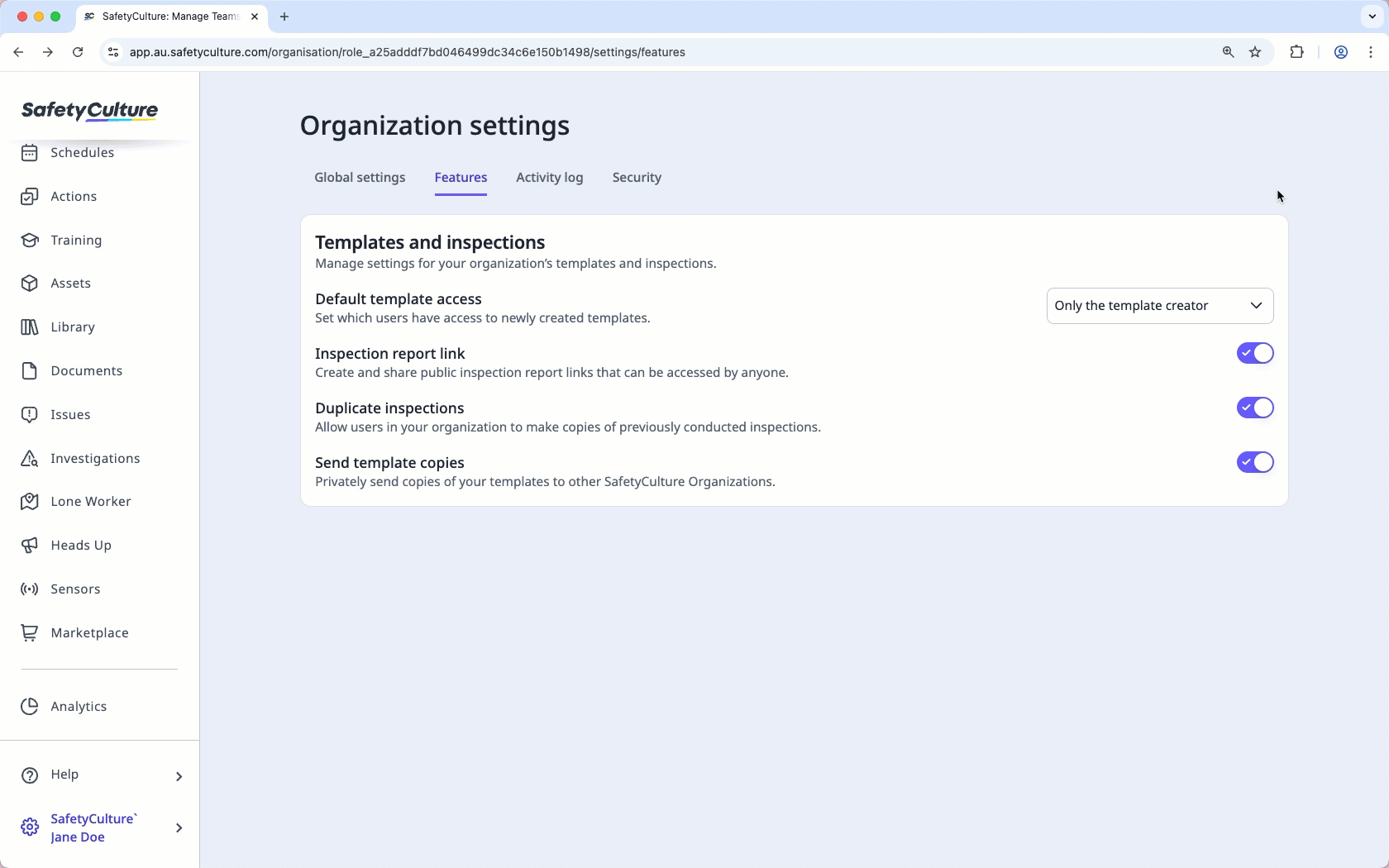 Set the default template and inspection access for your organization via the web app.