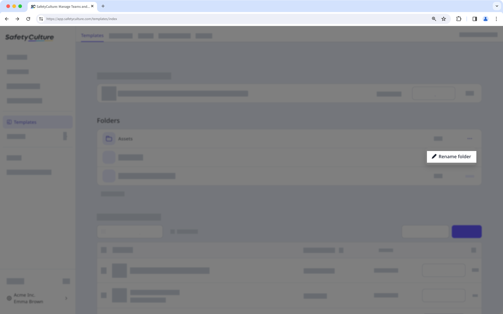 The templates page showing the option to rename a template folder.