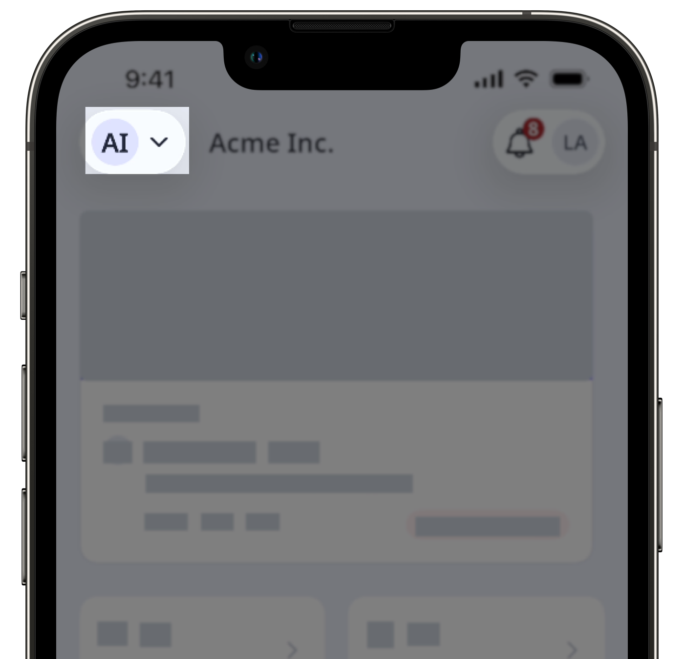 Switch from one organization to another via the mobile app by tapping the down arrow on the upper-left of the screen.
