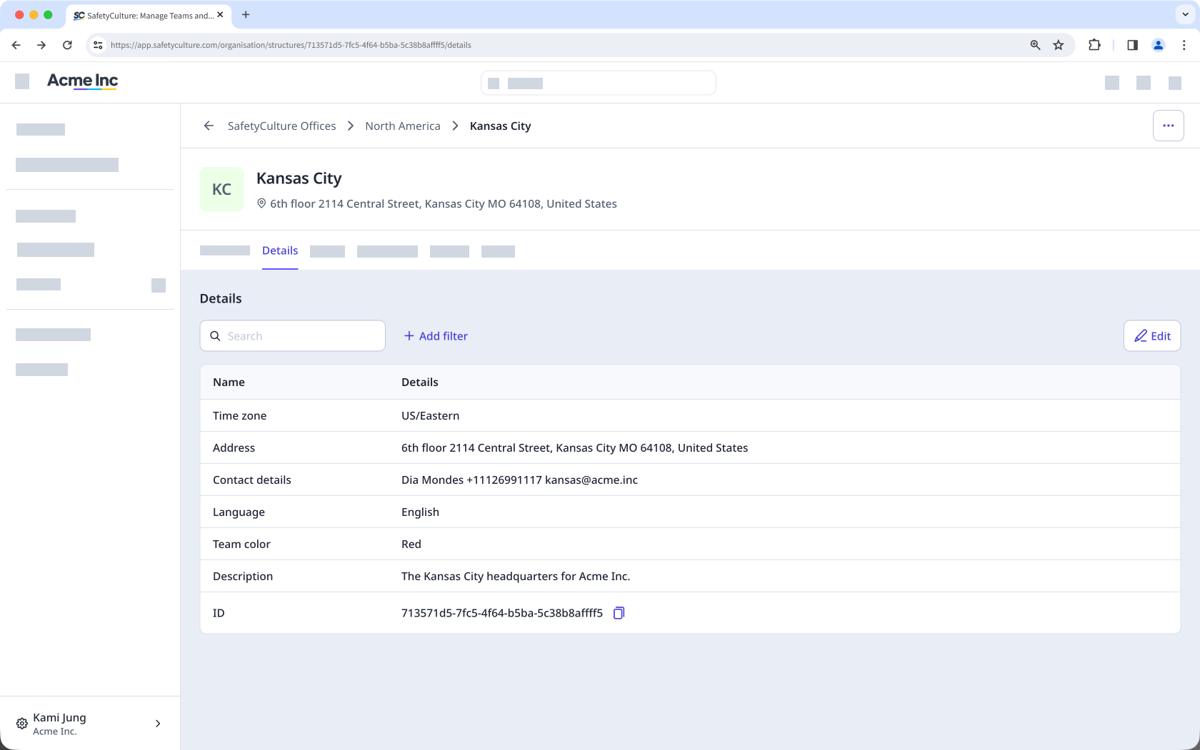 The Details tab of a site profile with organization fields.