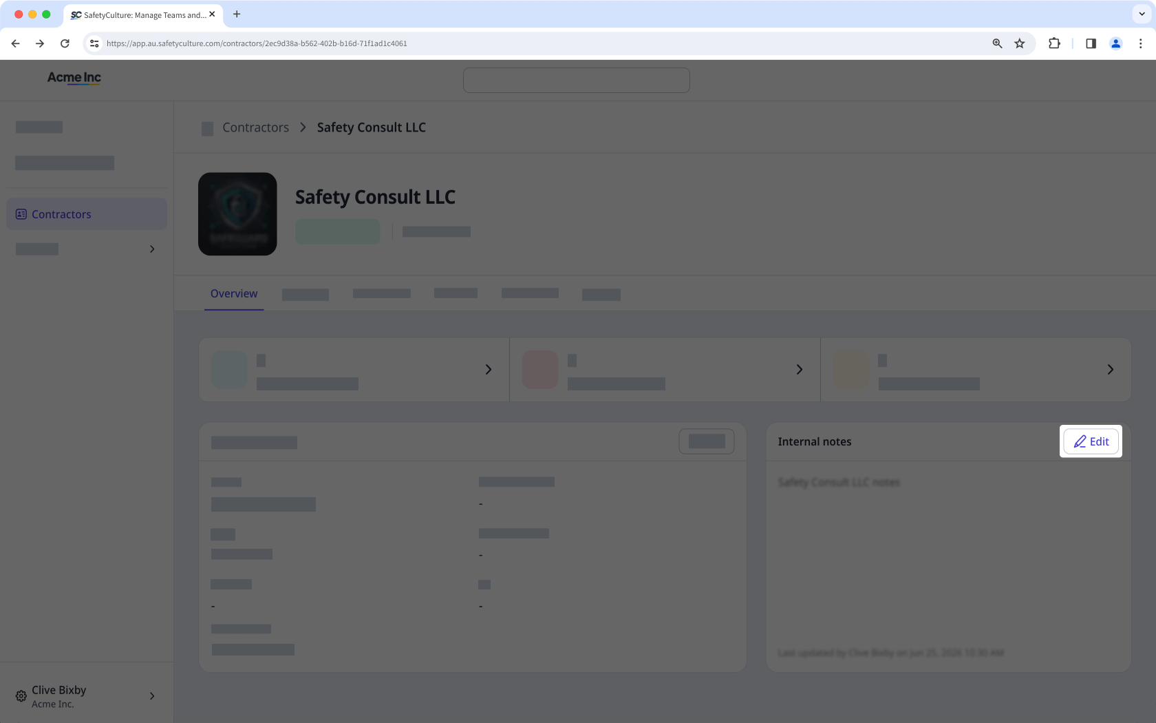 The company profile showing the 'Edit' button to update the internal notes.