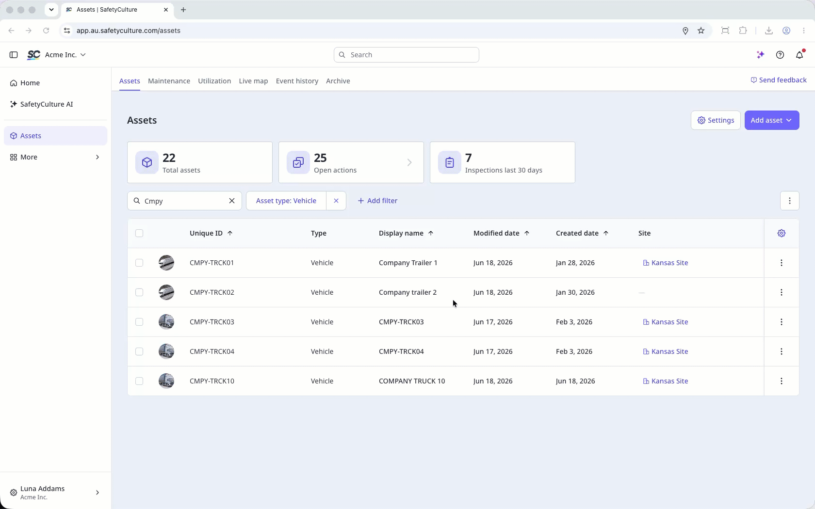 Click the gear icon to select which columns display in the asset list.