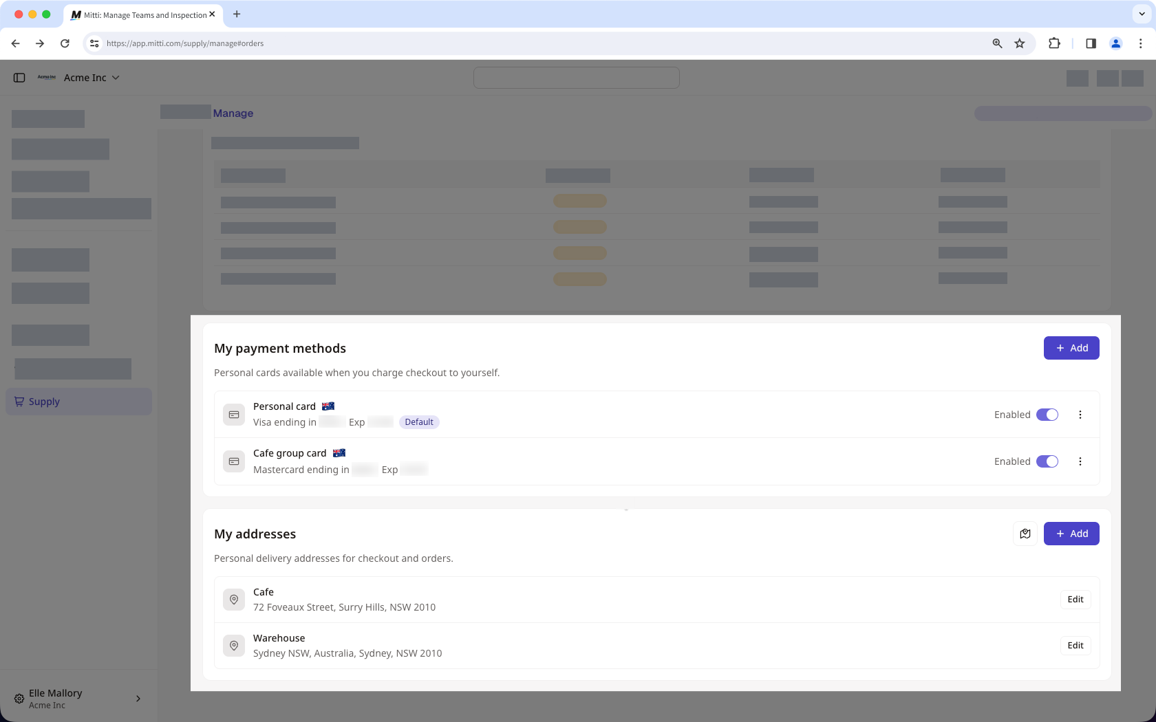 The Manage settings tab showing a user's saved payment methods and addresses.