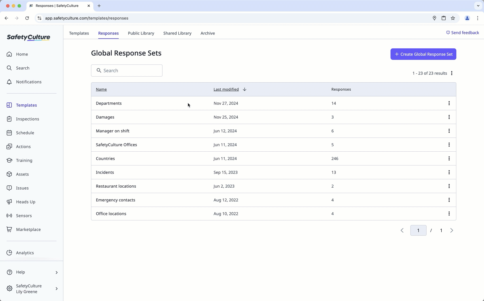Manage responses in a Global Response Set via the web app.