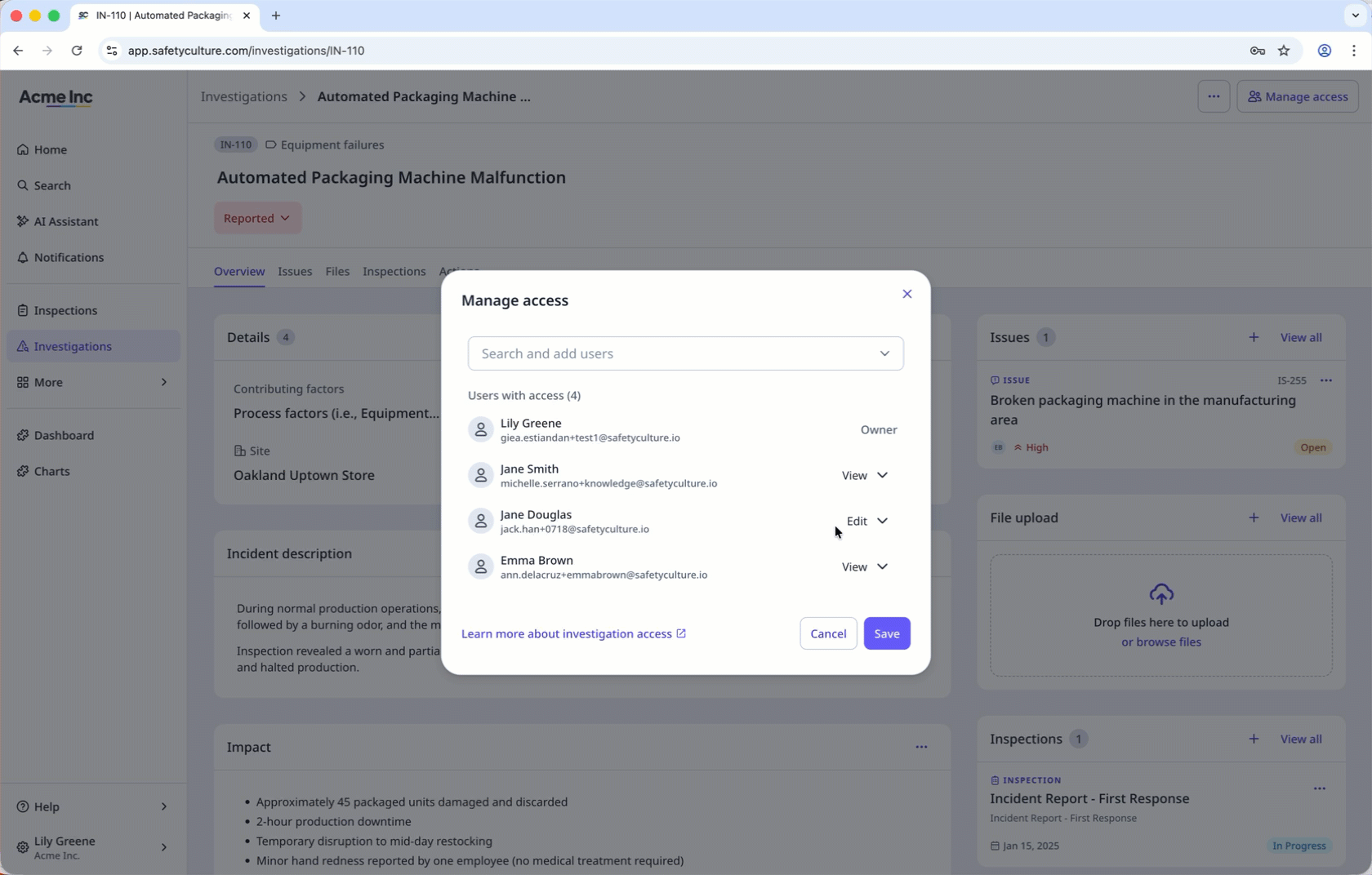 Search for a user and click the "Remove access" button to remove their access to an investigation.